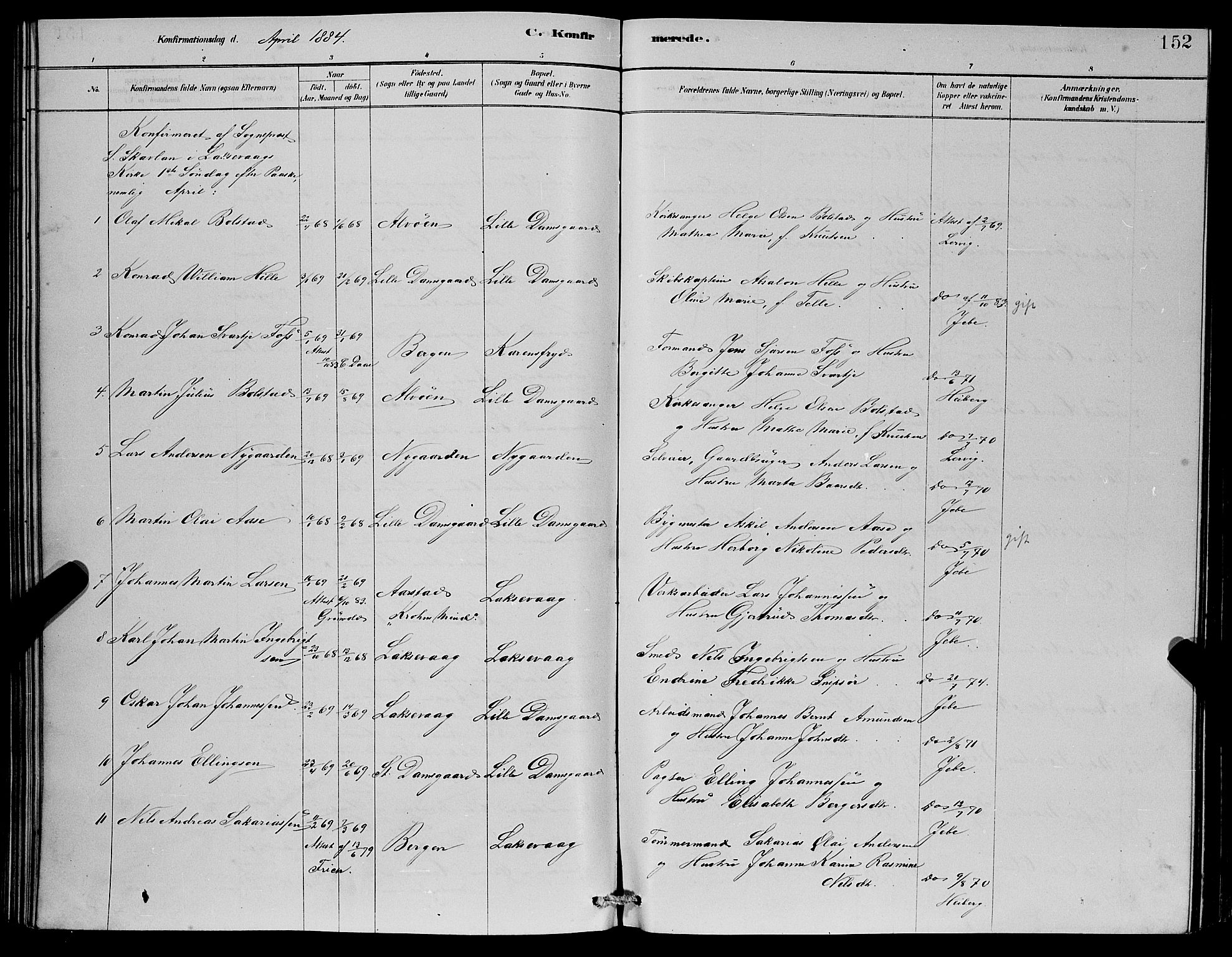 Laksevåg Sokneprestembete, SAB/A-76501/H/Ha/Hab/Haba/L0002: Klokkerbok nr. A 2, 1877-1887, s. 152