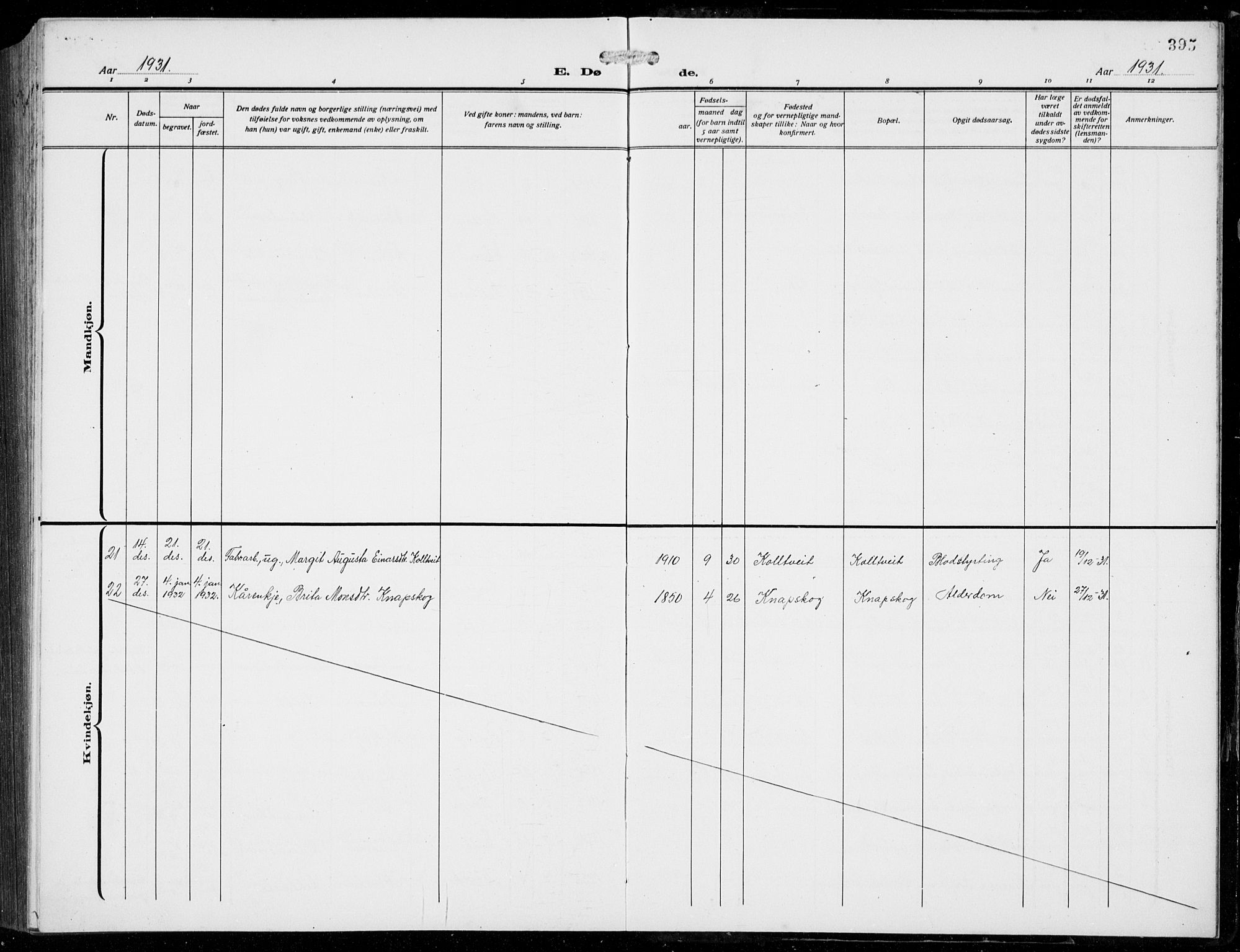 Fjell sokneprestembete, AV/SAB-A-75301/H/Hab: Klokkerbok nr. A  6, 1918-1936, s. 395