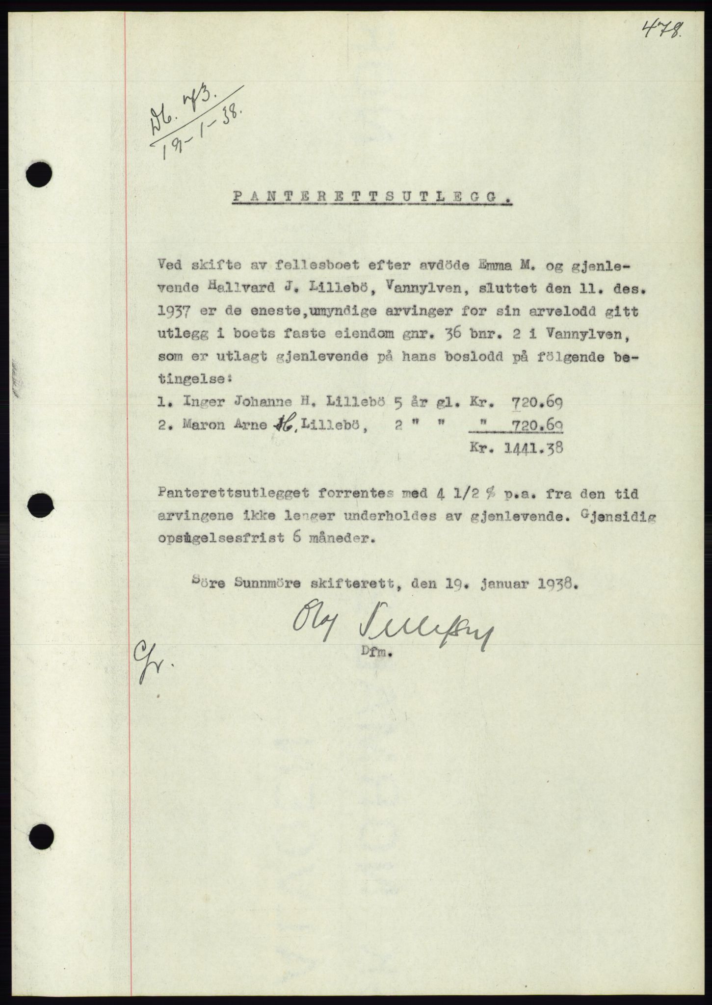 Søre Sunnmøre sorenskriveri, AV/SAT-A-4122/1/2/2C/L0064: Pantebok nr. 58, 1937-1938, Dagboknr: 73/1938