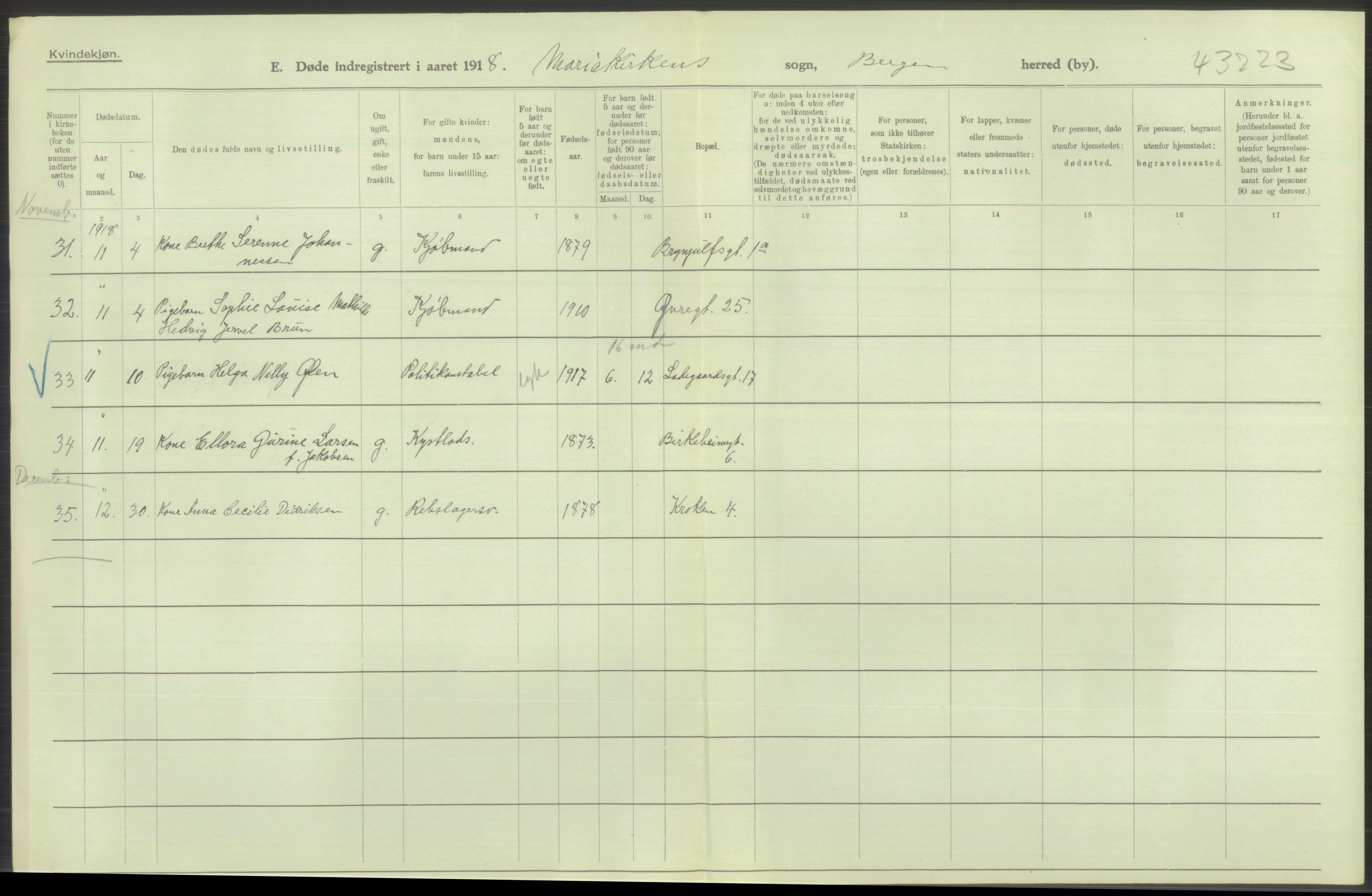Statistisk sentralbyrå, Sosiodemografiske emner, Befolkning, AV/RA-S-2228/D/Df/Dfb/Dfbh/L0039: Bergen: Døde., 1918, s. 344