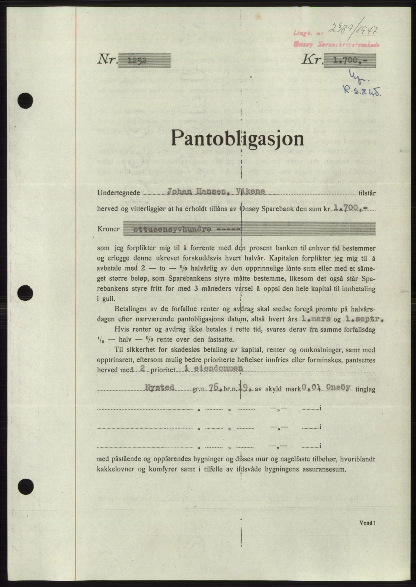 Onsøy sorenskriveri, SAO/A-10474/G/Ga/Gac/L0006: Pantebok nr. B 12-6, 1947-1948, Dagboknr: 2389/1947