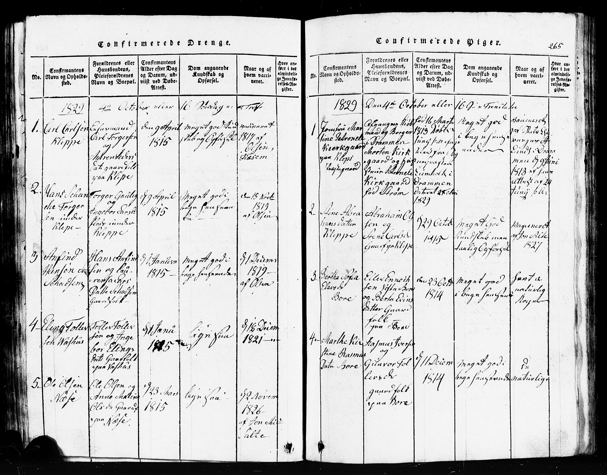 Klepp sokneprestkontor, SAST/A-101803/001/3/30BB/L0001: Klokkerbok nr.  B 1, 1816-1859, s. 265