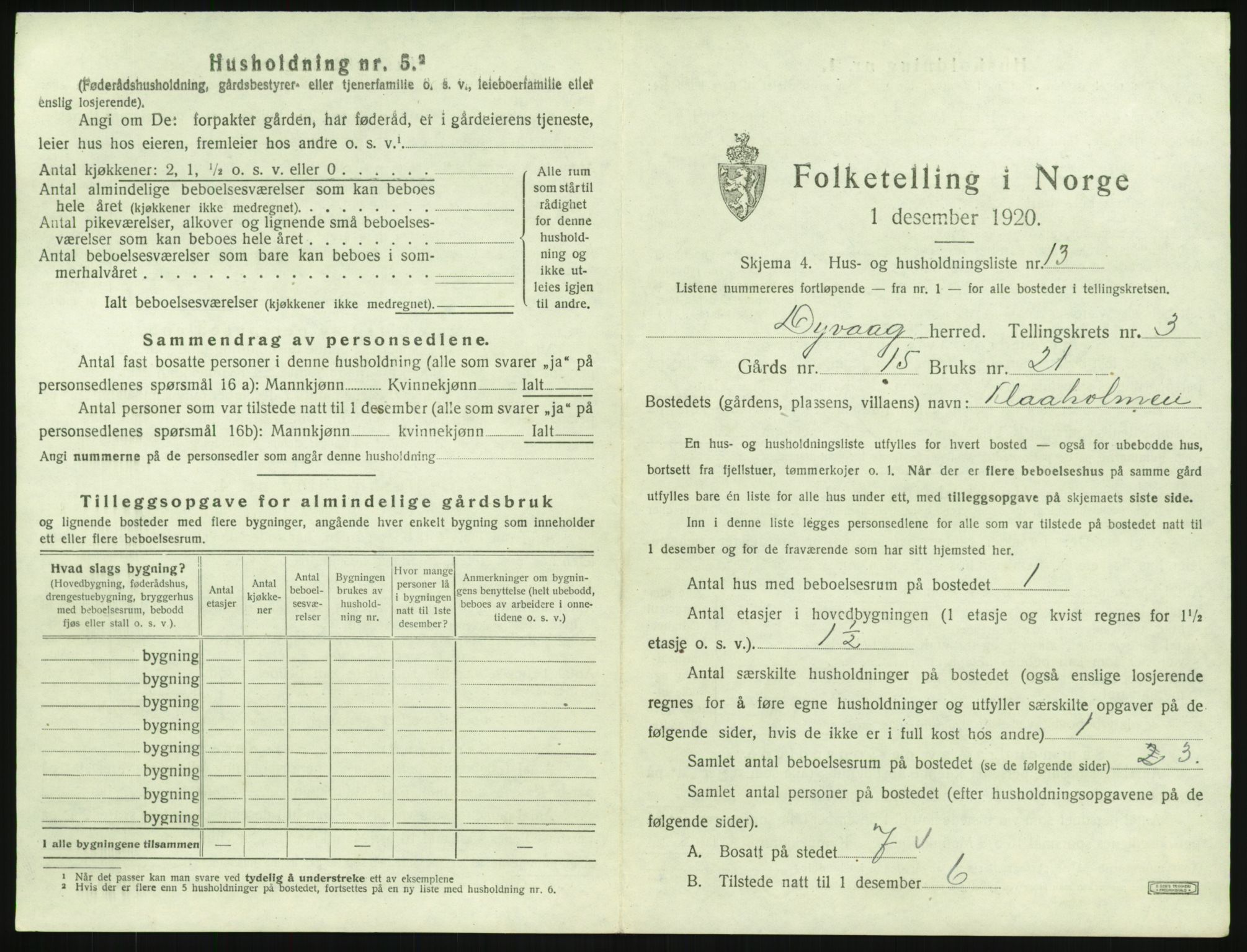 SAK, Folketelling 1920 for 0915 Dypvåg herred, 1920, s. 327