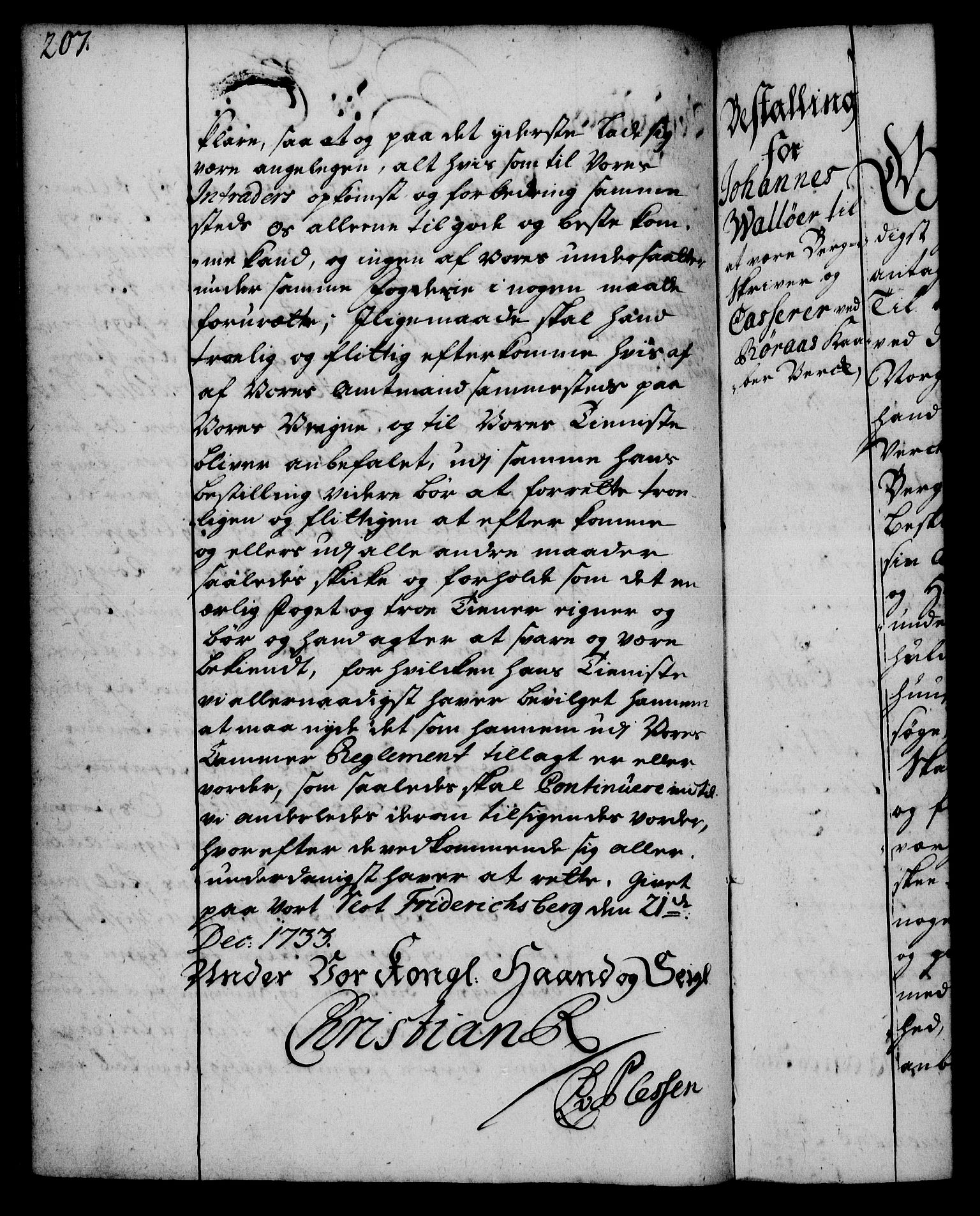 Rentekammeret, Kammerkanselliet, RA/EA-3111/G/Gg/Gge/L0002: Norsk bestallingsprotokoll med register (merket RK 53.26), 1730-1744, s. 207