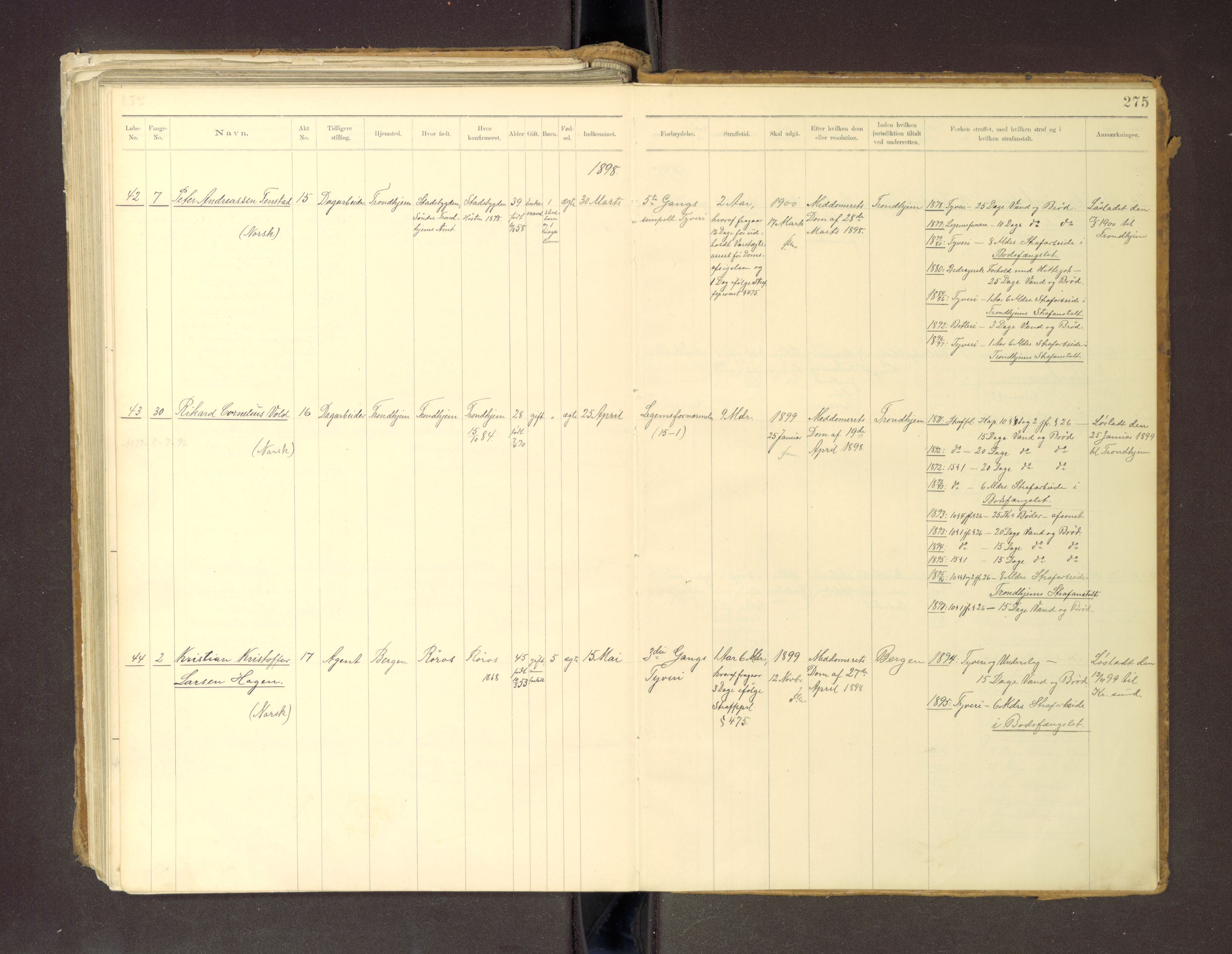 Trondheim tukthus, SAT/A-4619/05/65/L0036: 65.36 Fangeprotokoll m/reg, 1885-1898, s. 275