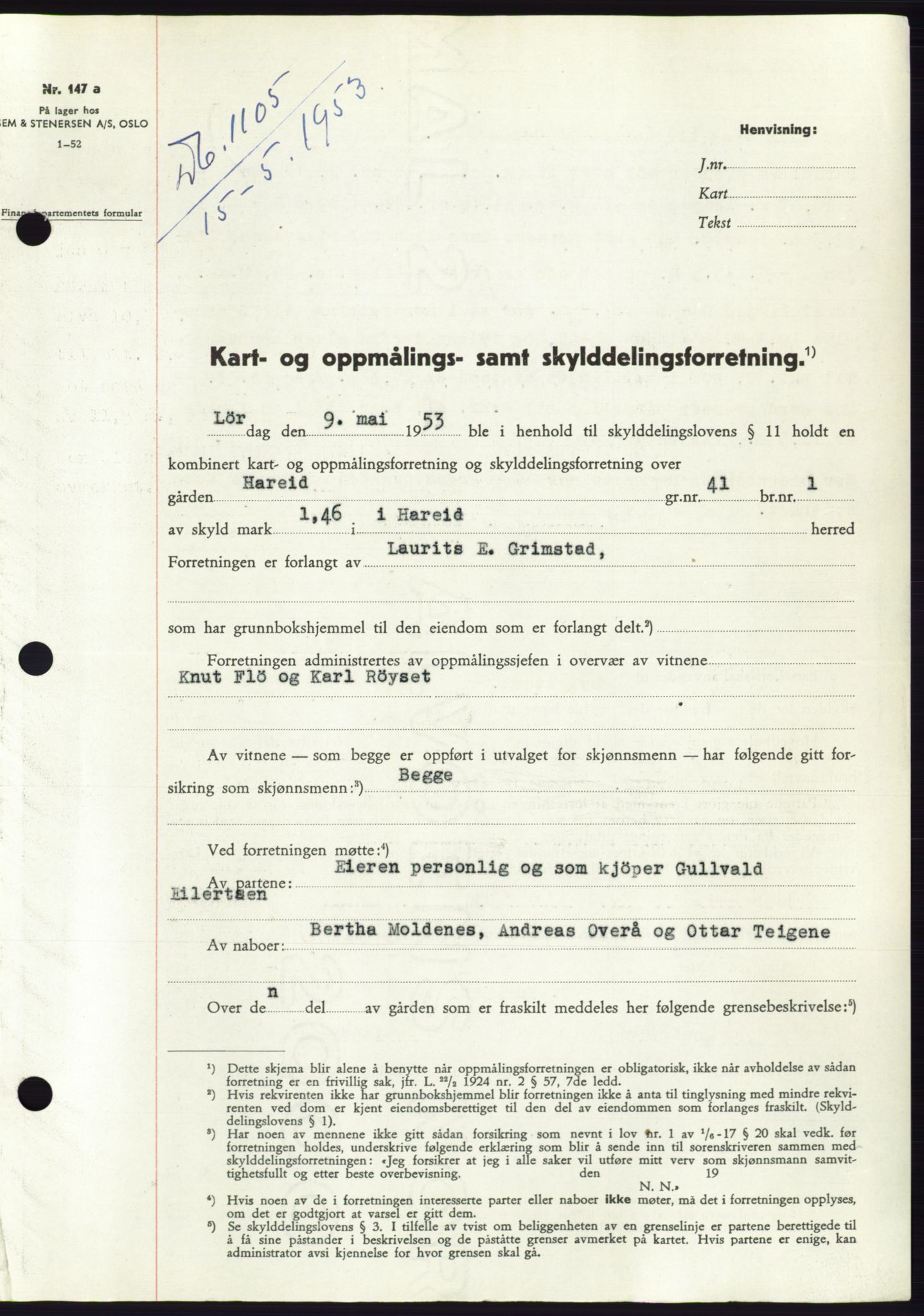 Søre Sunnmøre sorenskriveri, SAT/A-4122/1/2/2C/L0094: Pantebok nr. 20A, 1953-1953, Dagboknr: 1105/1953