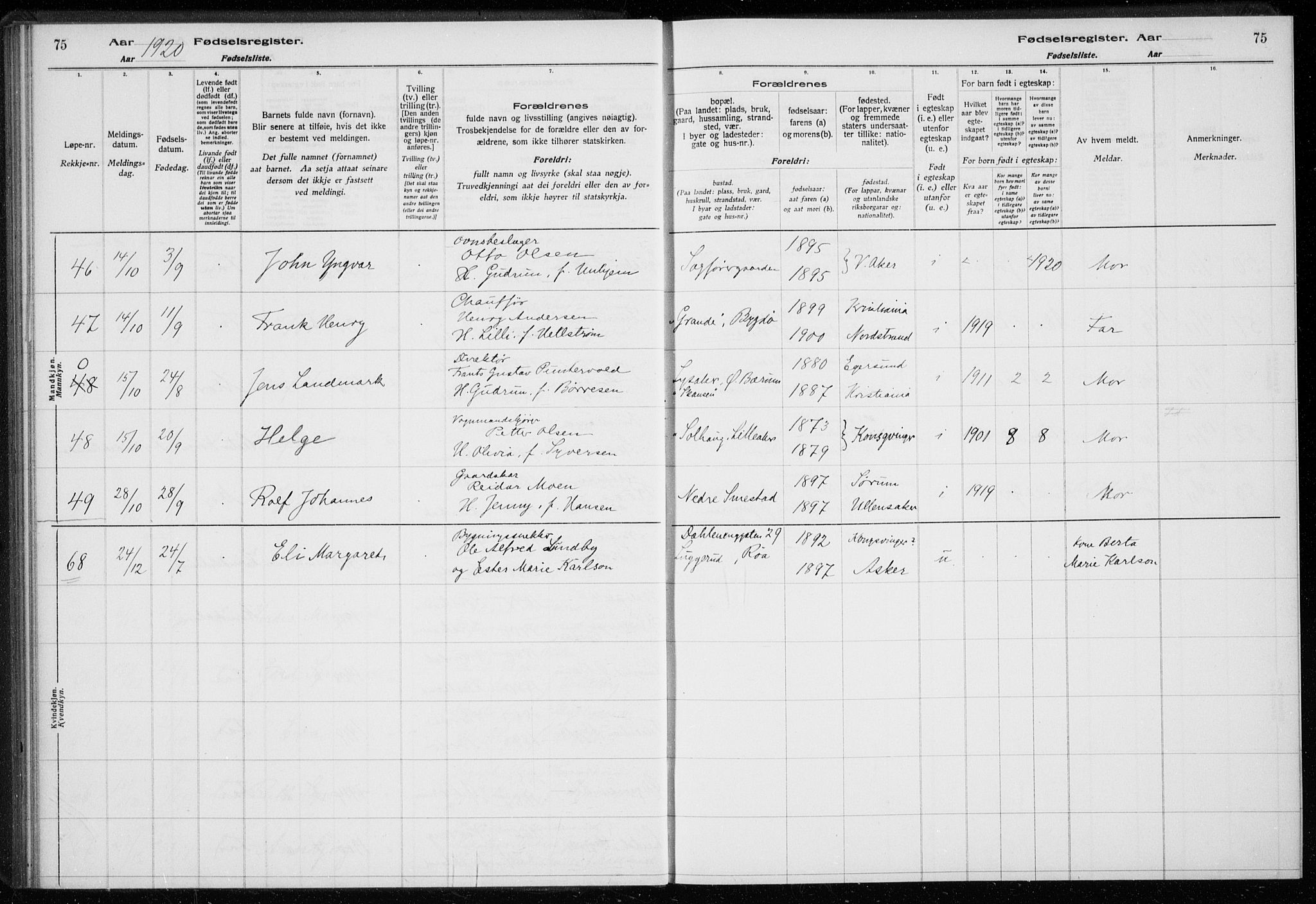 Ullern prestekontor Kirkebøker, AV/SAO-A-10740/J/L0001: Fødselsregister nr. 1, 1916-1928, s. 75