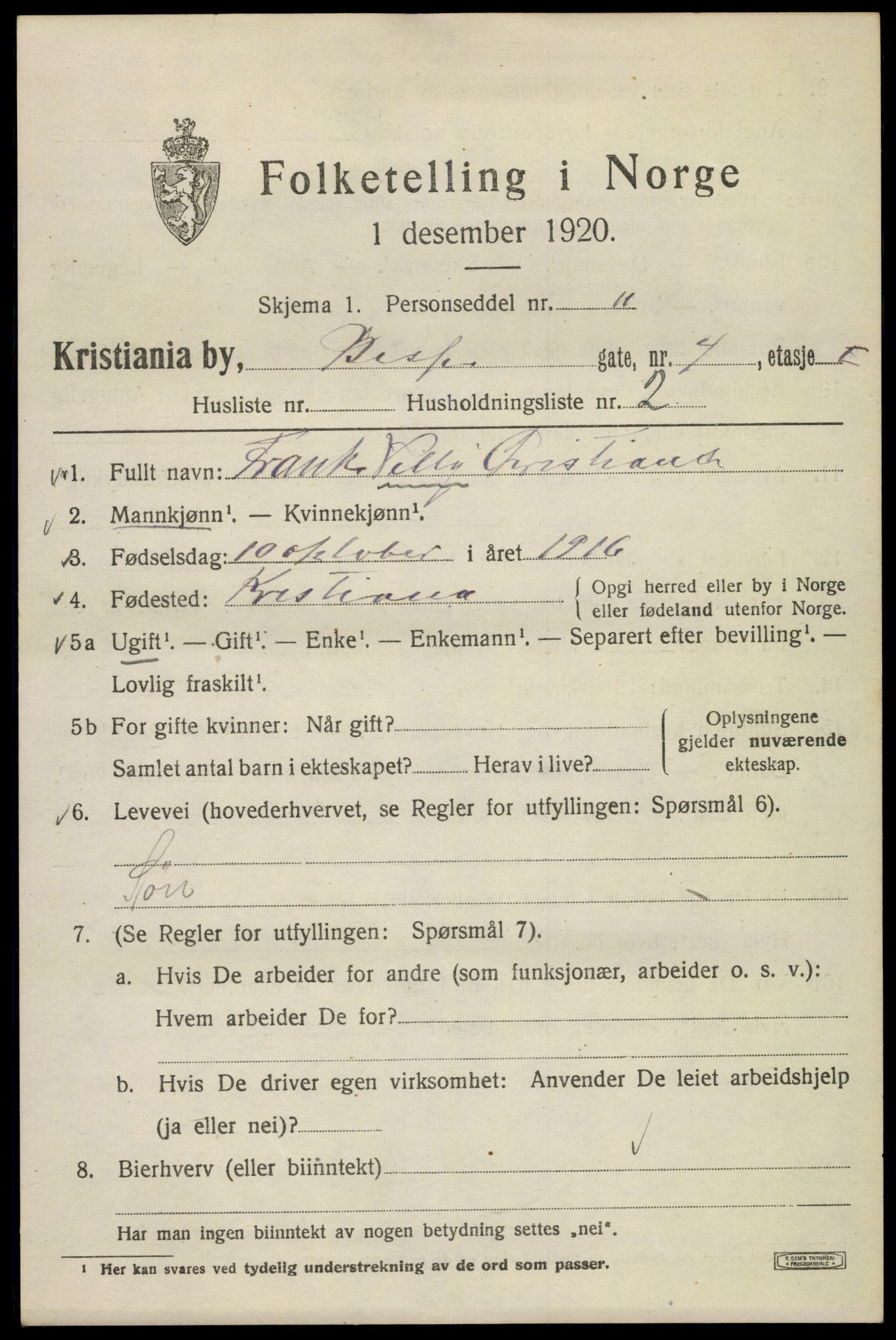 SAO, Folketelling 1920 for 0301 Kristiania kjøpstad, 1920, s. 157049