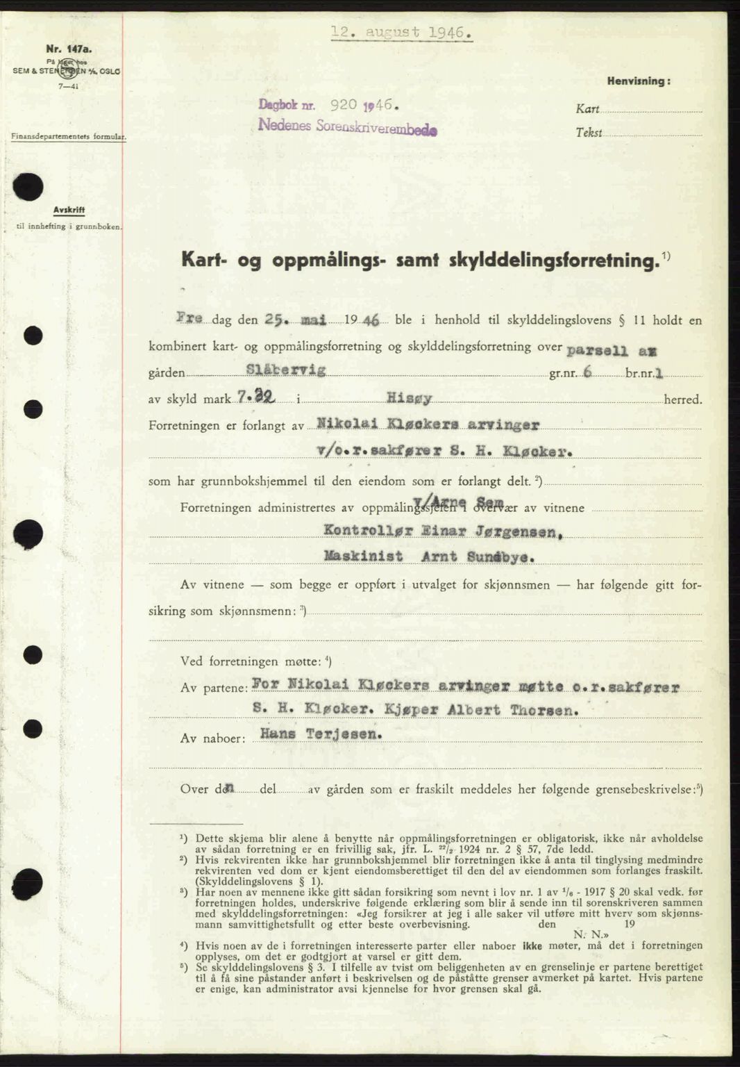 Nedenes sorenskriveri, SAK/1221-0006/G/Gb/Gba/L0055: Pantebok nr. A7, 1946-1946, Dagboknr: 920/1946