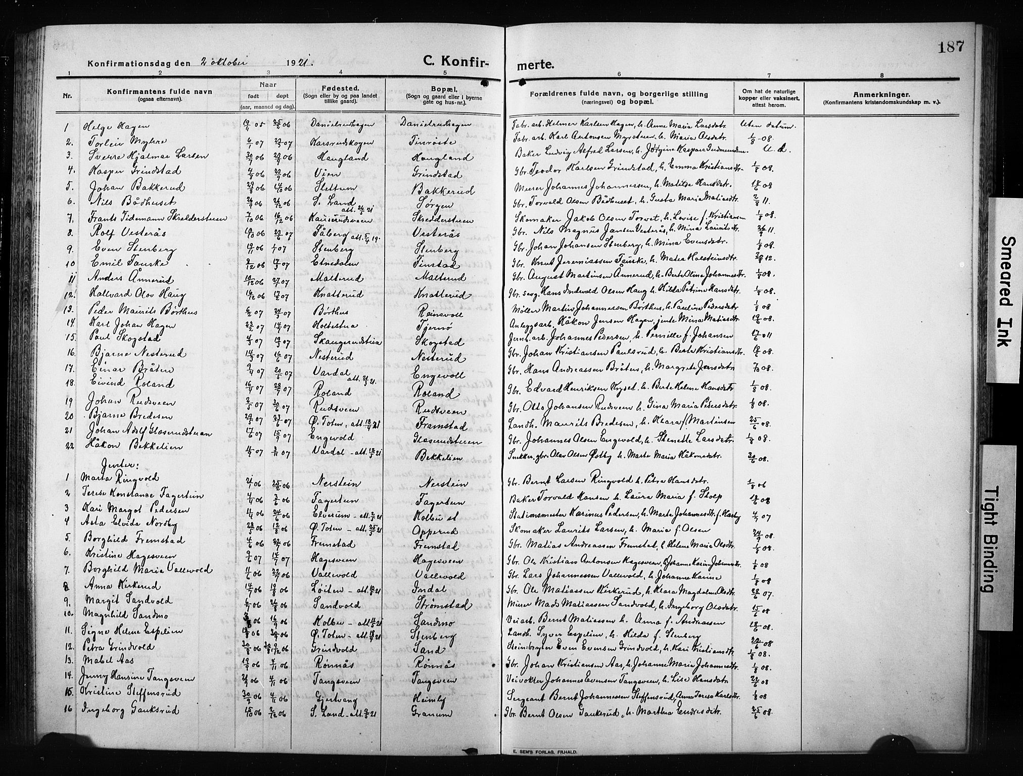 Vestre Toten prestekontor, AV/SAH-PREST-108/H/Ha/Hab/L0012: Klokkerbok nr. 12, 1909-1928, s. 187