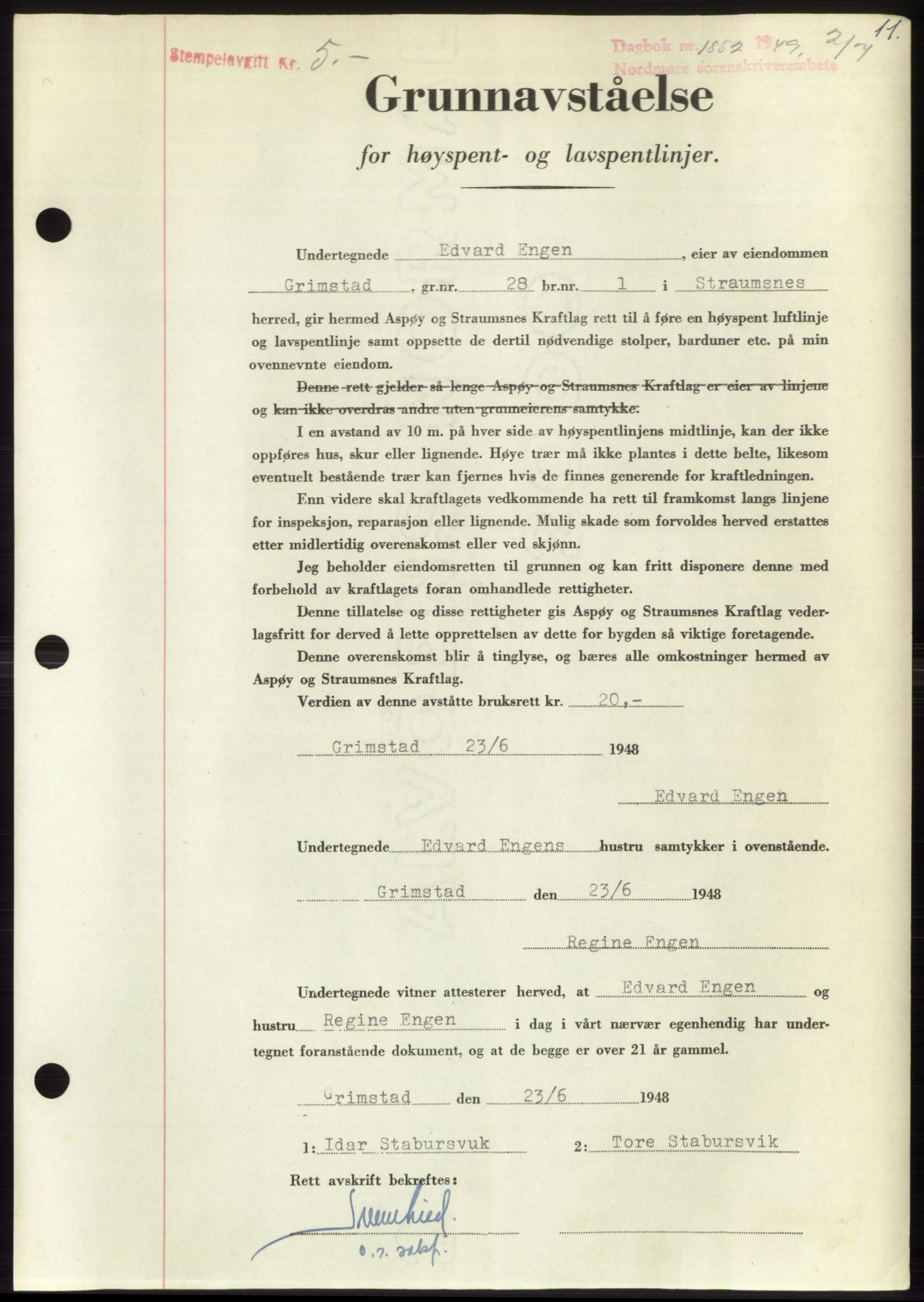 Nordmøre sorenskriveri, SAT/A-4132/1/2/2Ca: Pantebok nr. B102, 1949-1949, Dagboknr: 1852/1949