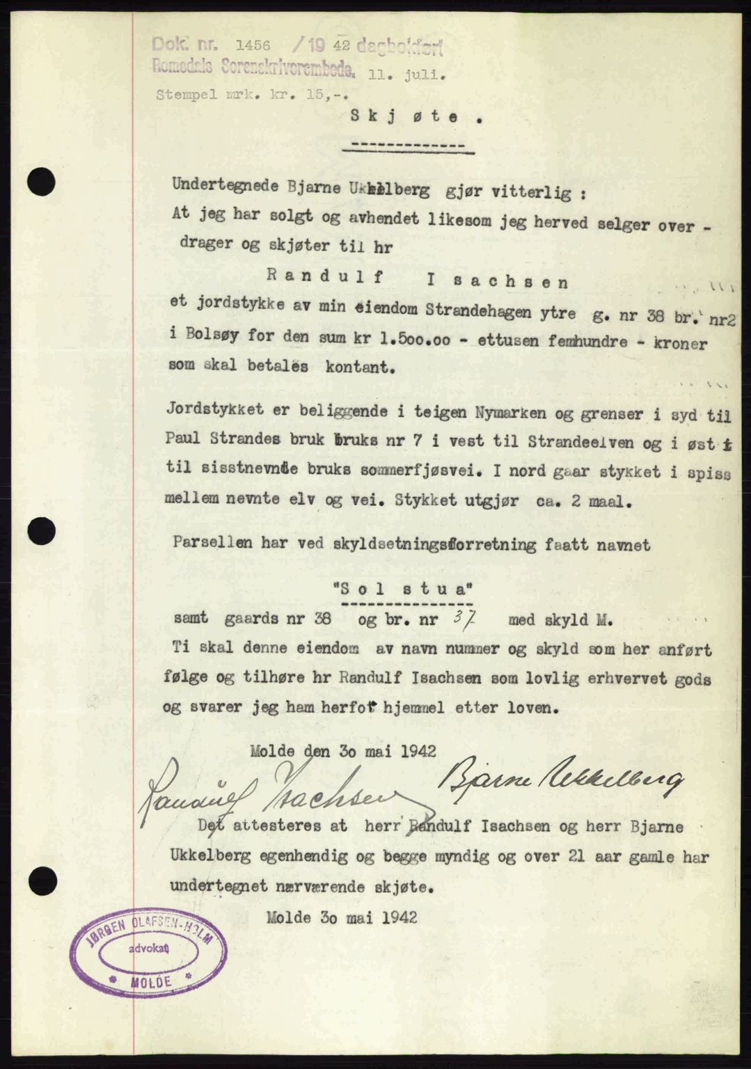 Romsdal sorenskriveri, SAT/A-4149/1/2/2C: Pantebok nr. A12, 1942-1942, Dagboknr: 1456/1942