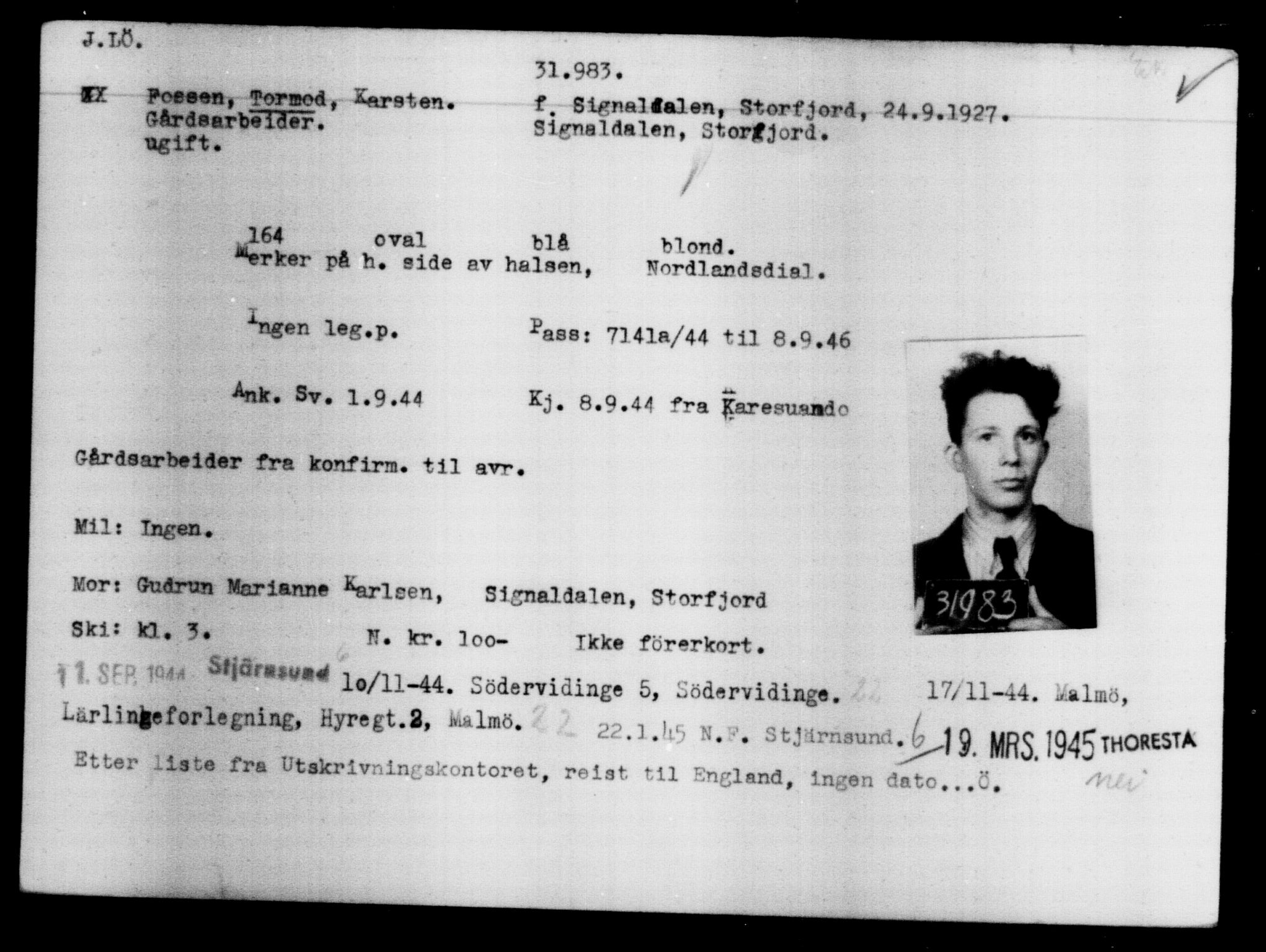 Den Kgl. Norske Legasjons Flyktningskontor, AV/RA-S-6753/V/Va/L0013: Kjesäterkartoteket.  Flyktningenr. 31500-34731, 1940-1945, s. 534