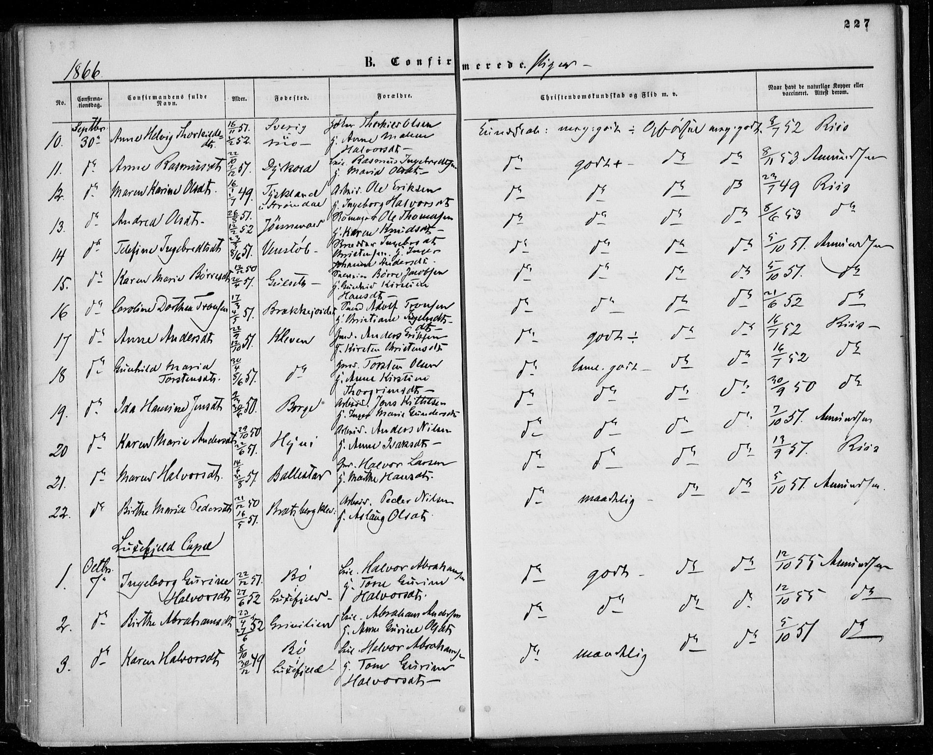 Gjerpen kirkebøker, AV/SAKO-A-265/F/Fa/L0008a: Ministerialbok nr. I 8A, 1857-1871, s. 227