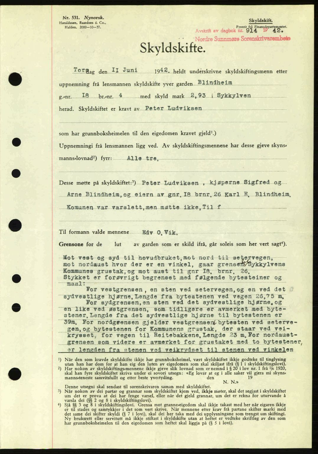 Nordre Sunnmøre sorenskriveri, SAT/A-0006/1/2/2C/2Ca: Pantebok nr. A13, 1942-1942, Dagboknr: 914/1942