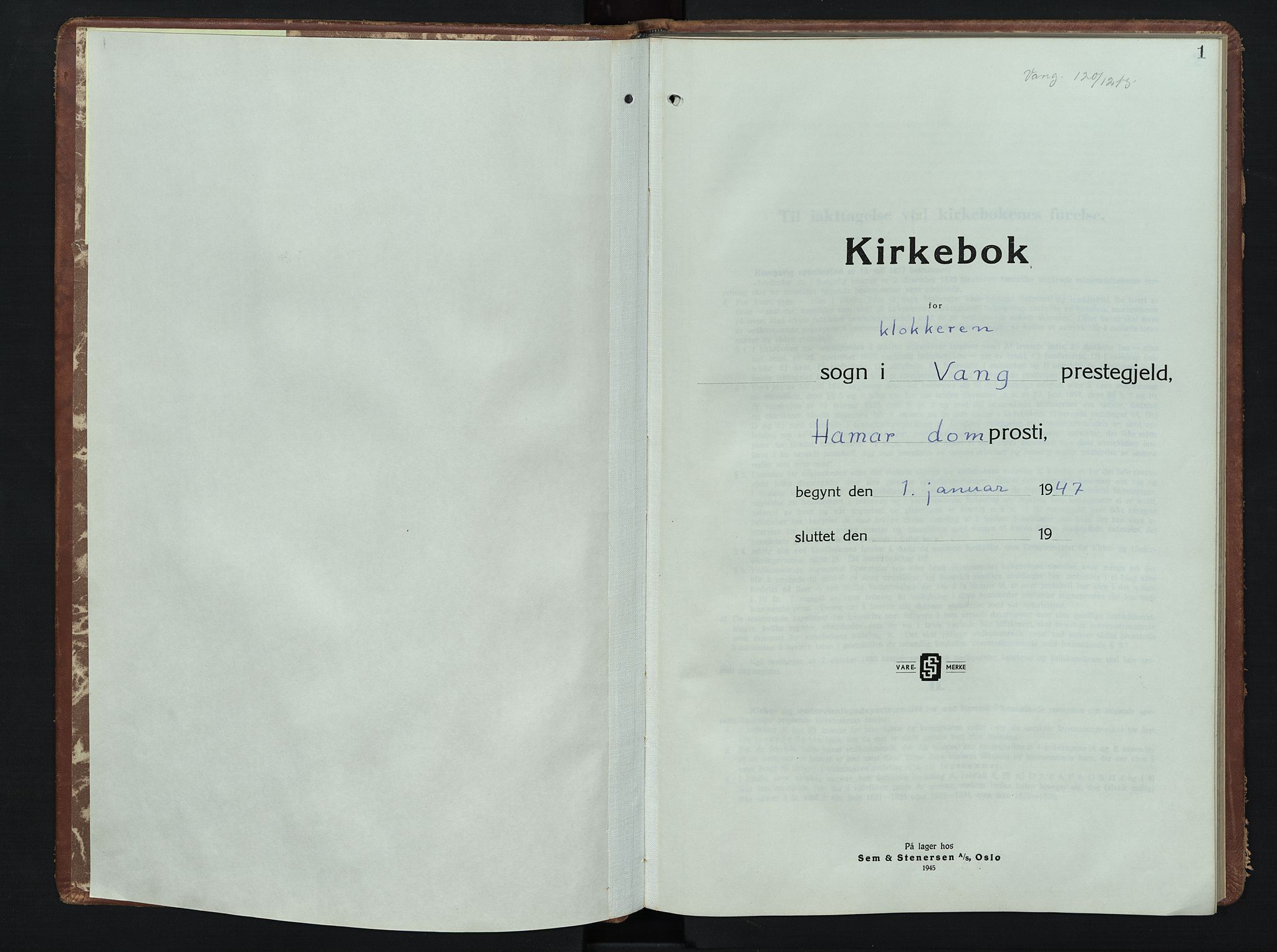 Vang prestekontor, Hedmark, SAH/PREST-008/H/Ha/Hab/L0020: Klokkerbok nr. 20, 1947-1957, s. 1