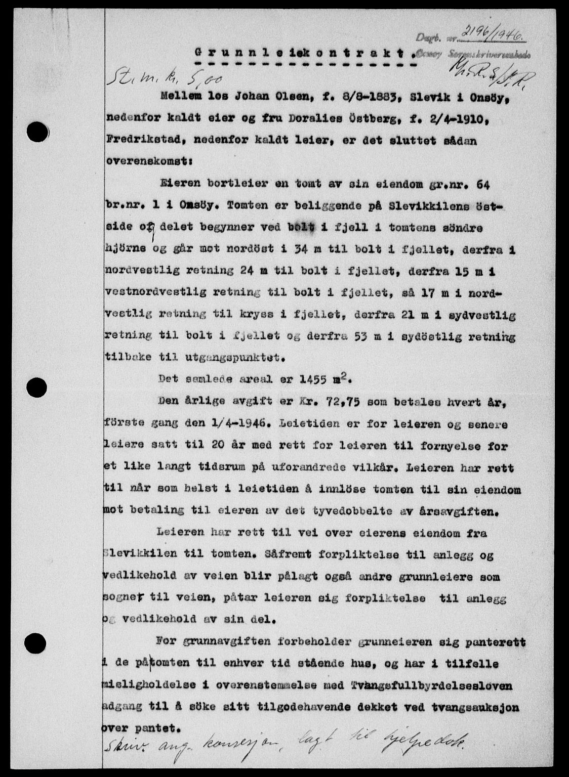 Onsøy sorenskriveri, SAO/A-10474/G/Ga/Gab/L0017: Pantebok nr. II A-17, 1946-1946, Dagboknr: 2196/1946