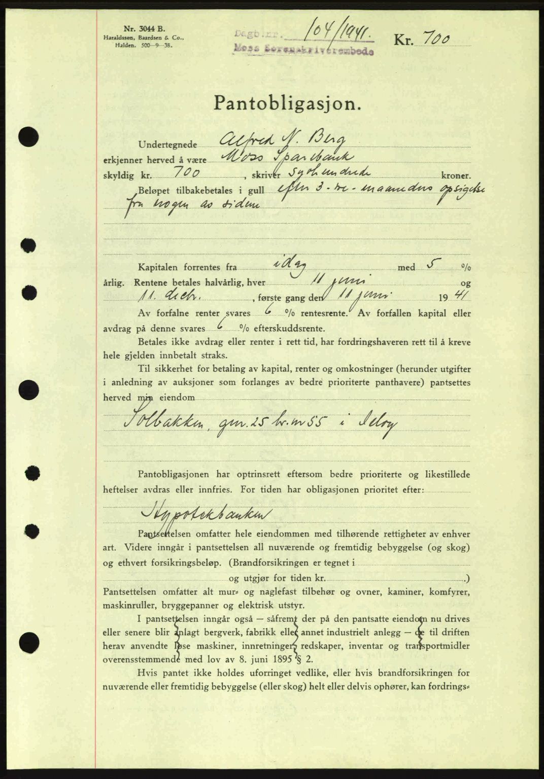 Moss sorenskriveri, SAO/A-10168: Pantebok nr. B10, 1940-1941, Dagboknr: 104/1941