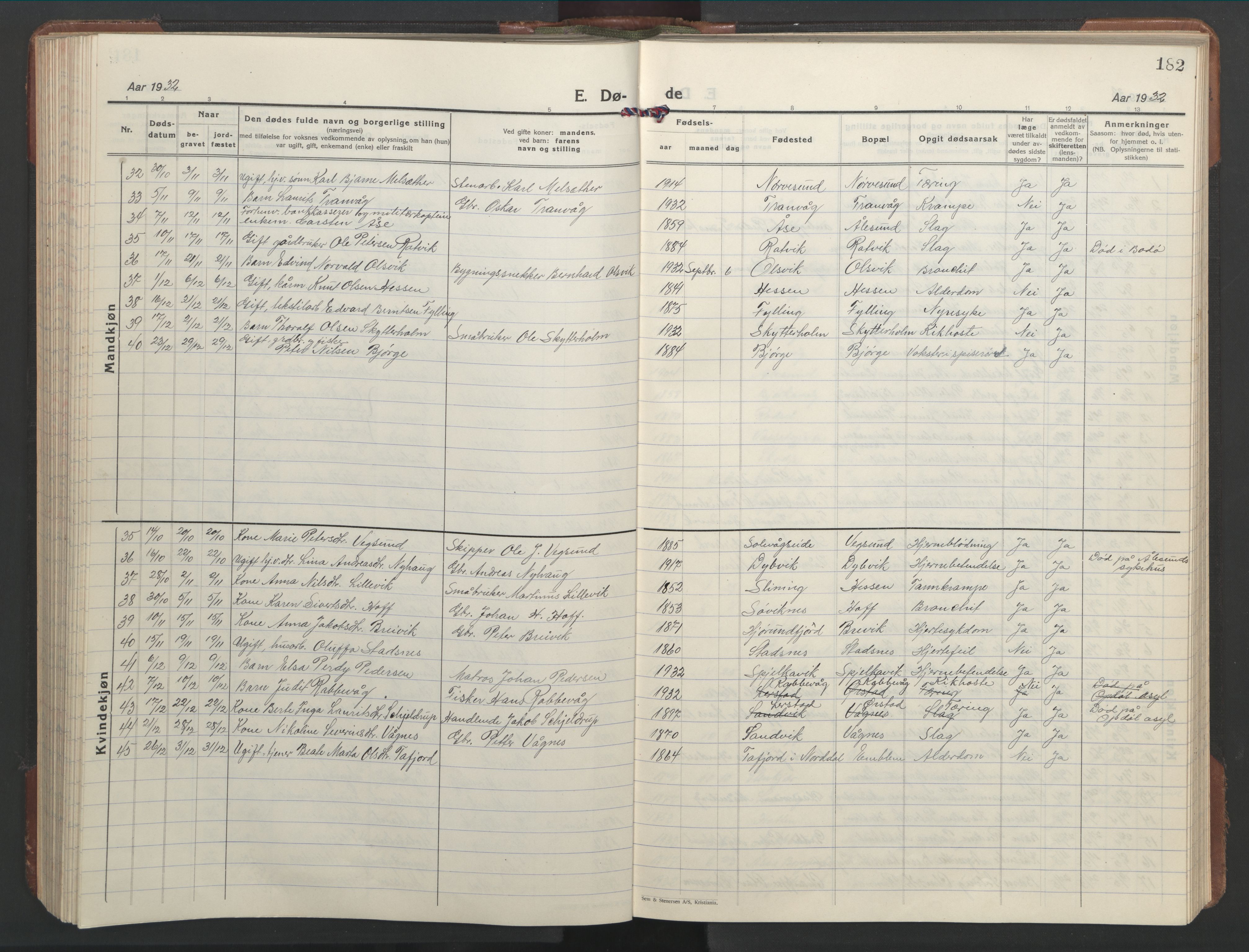 Ministerialprotokoller, klokkerbøker og fødselsregistre - Møre og Romsdal, AV/SAT-A-1454/528/L0435: Klokkerbok nr. 528C16, 1923-1957, s. 182