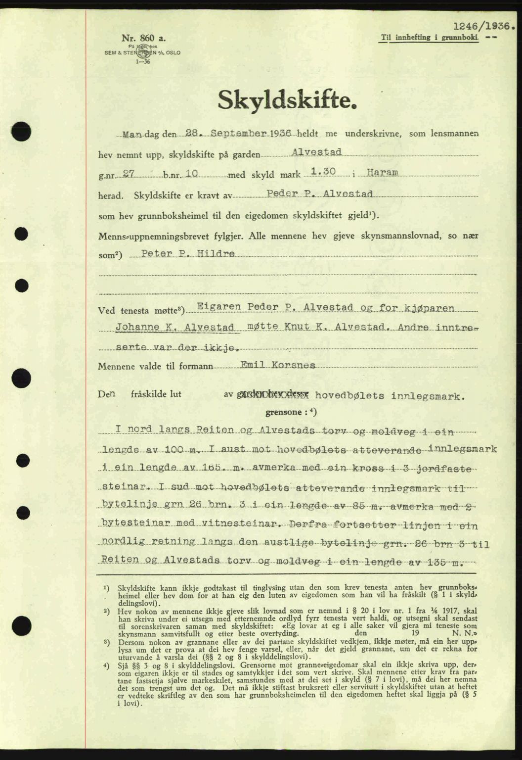 Nordre Sunnmøre sorenskriveri, AV/SAT-A-0006/1/2/2C/2Ca: Pantebok nr. A1, 1936-1936, Dagboknr: 1246/1936