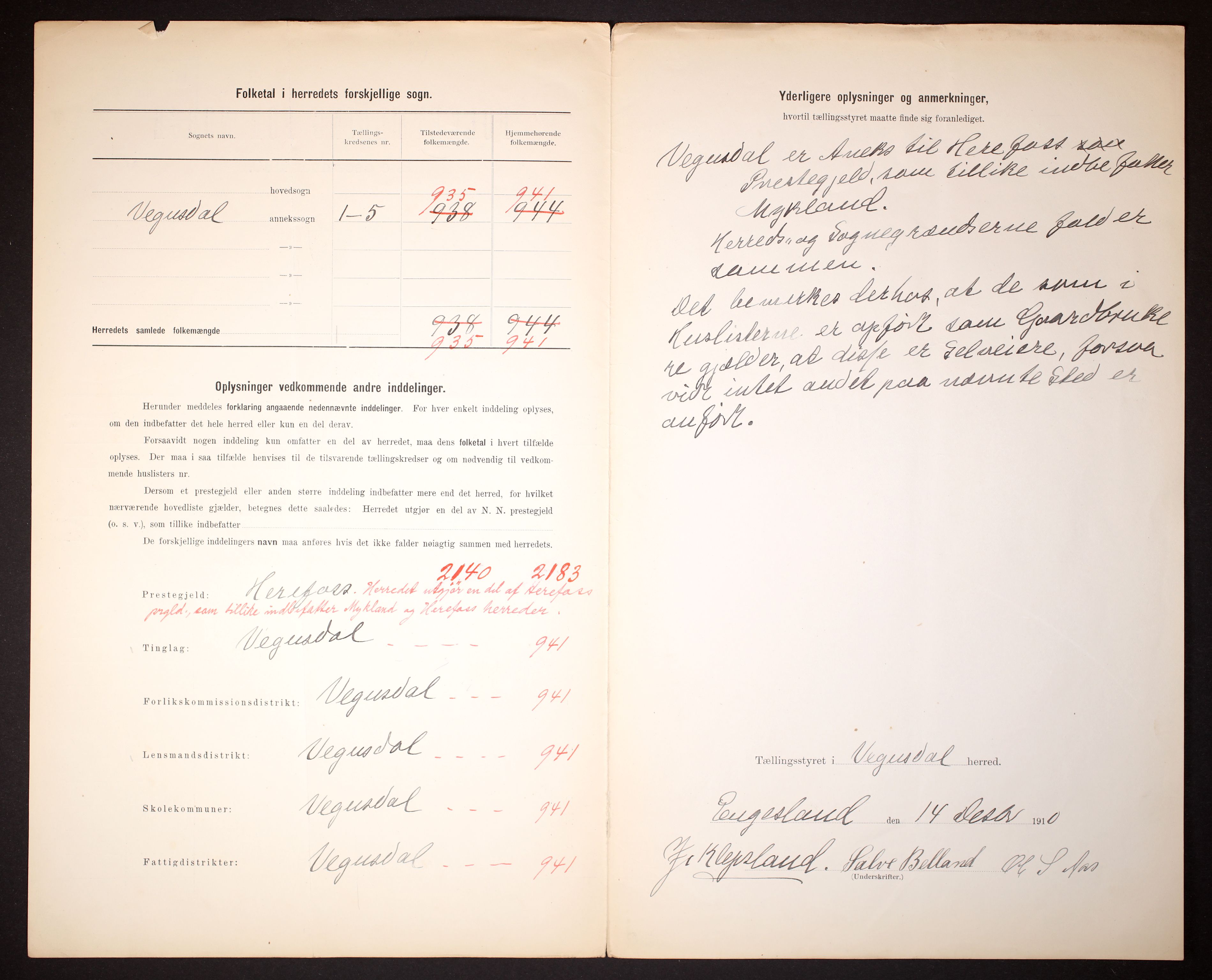 RA, Folketelling 1910 for 0934 Vegusdal herred, 1910, s. 3