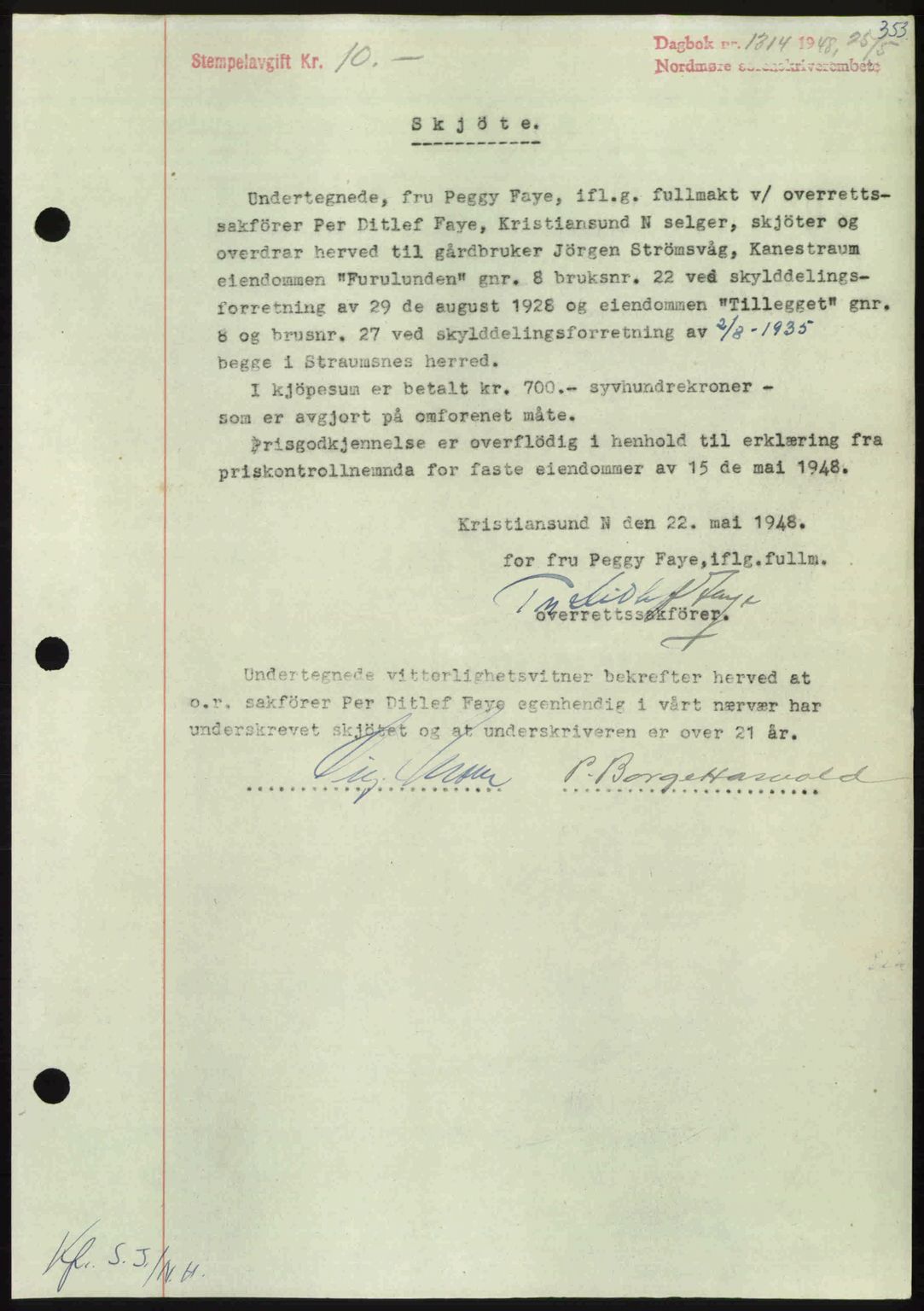 Nordmøre sorenskriveri, SAT/A-4132/1/2/2Ca: Pantebok nr. A108, 1948-1948, Dagboknr: 1314/1948