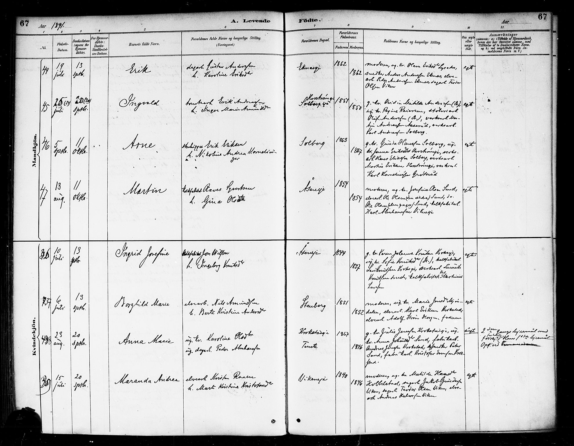 Nedre Eiker kirkebøker, AV/SAKO-A-612/F/Fa/L0003: Ministerialbok nr. 3, 1885-1892, s. 67