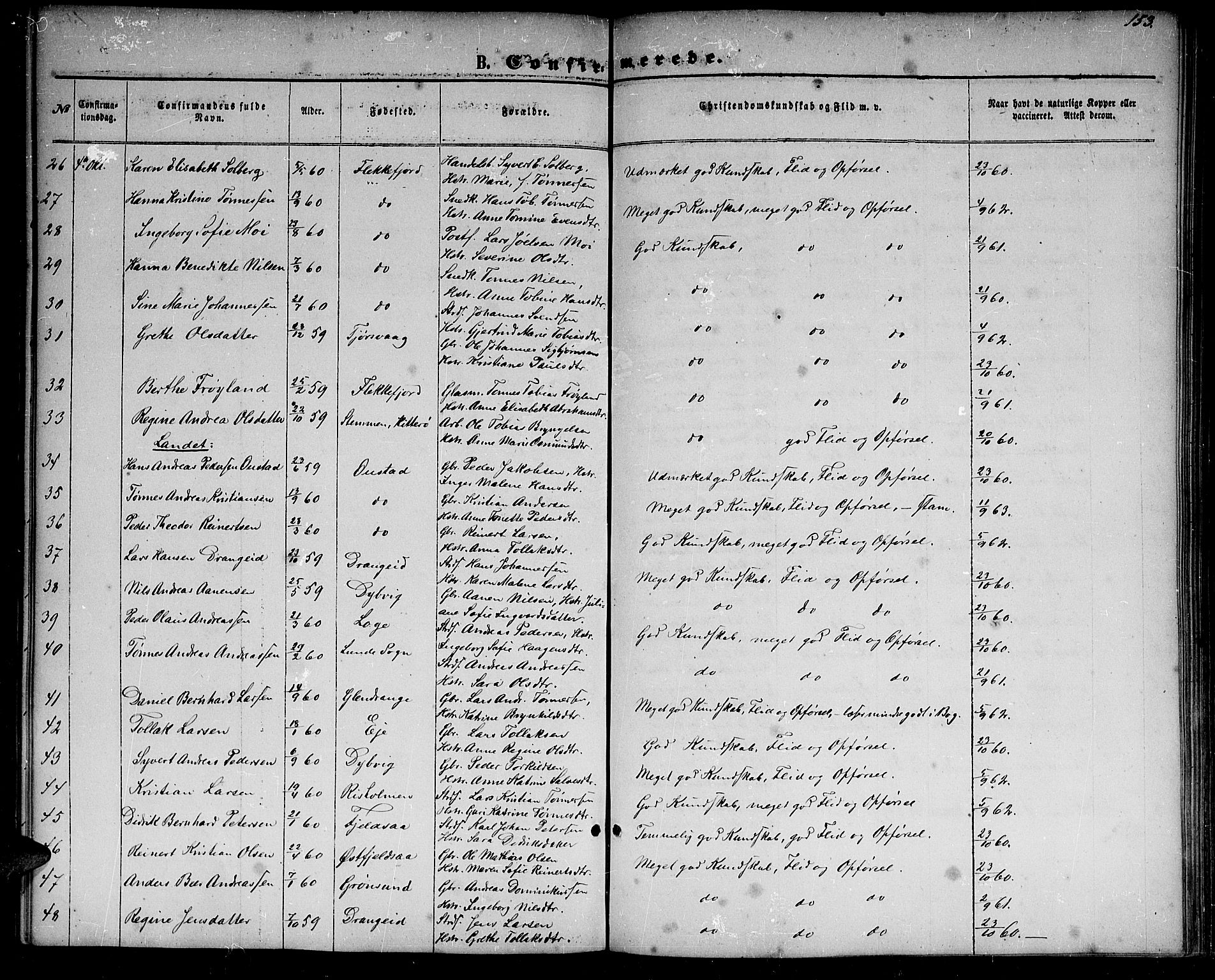 Flekkefjord sokneprestkontor, AV/SAK-1111-0012/F/Fb/Fbc/L0006: Klokkerbok nr. B 6, 1866-1879, s. 153