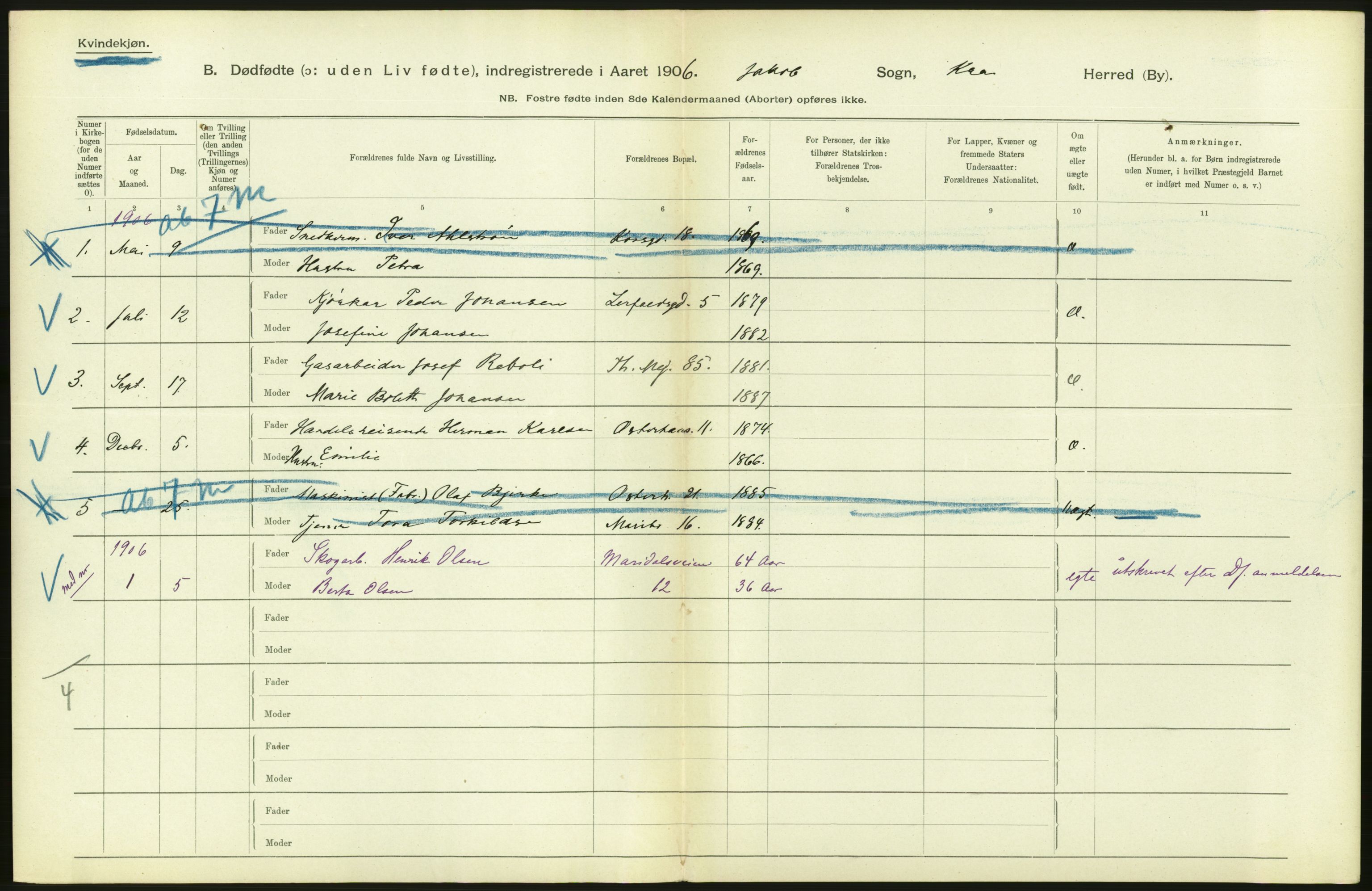 Statistisk sentralbyrå, Sosiodemografiske emner, Befolkning, RA/S-2228/D/Df/Dfa/Dfad/L0010: Kristiania: Døde, dødfødte, 1906, s. 34