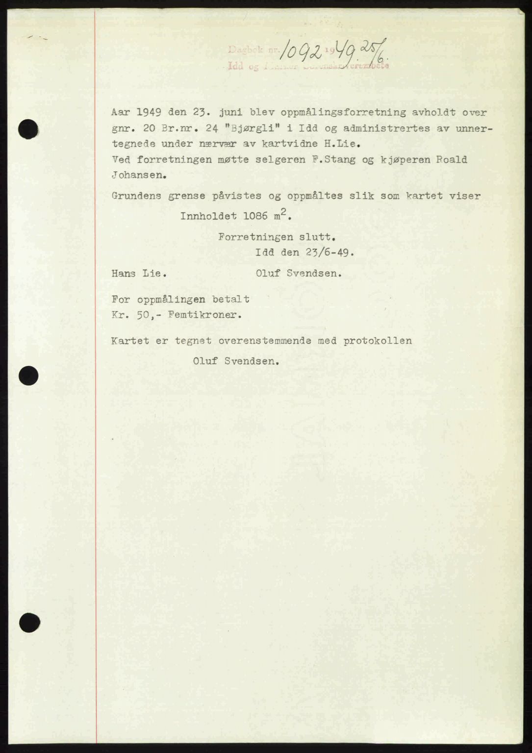 Idd og Marker sorenskriveri, SAO/A-10283/G/Gb/Gbb/L0012: Pantebok nr. A12, 1949-1949, Dagboknr: 1092/1949