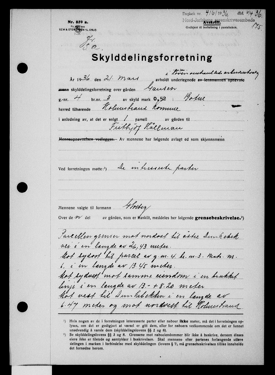 Holmestrand sorenskriveri, SAKO/A-67/G/Ga/Gaa/L0047: Pantebok nr. A-47, 1936-1936, Dagboknr: 416/1936