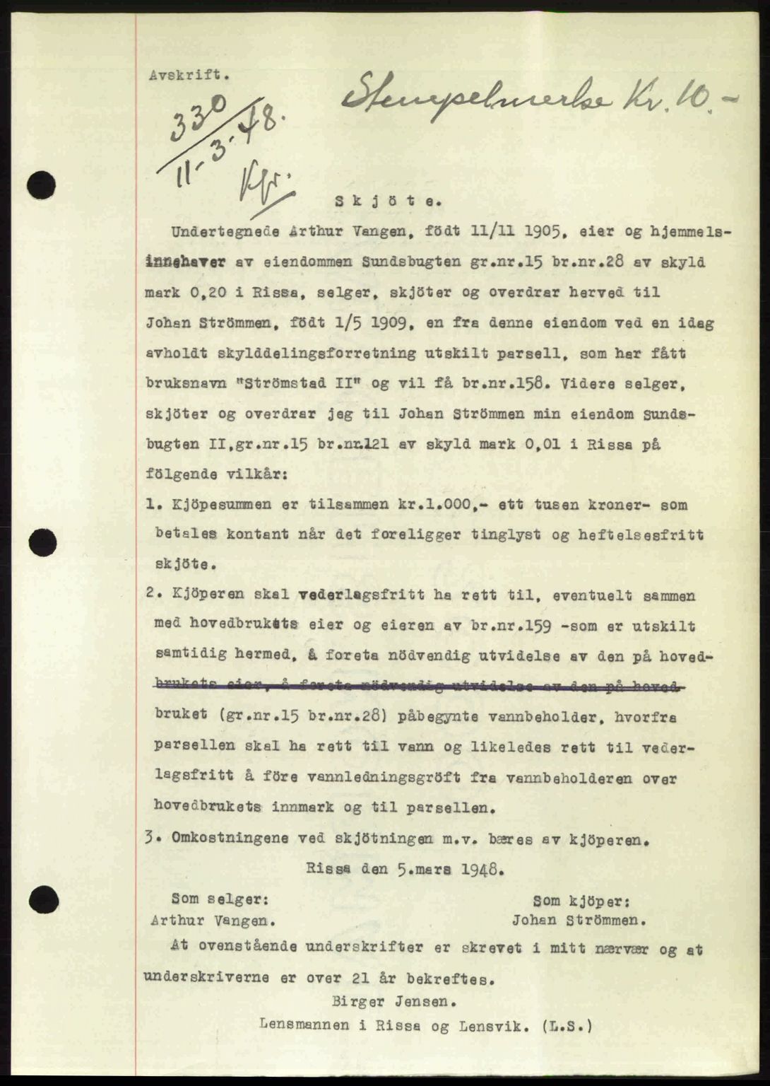 Fosen sorenskriveri, AV/SAT-A-1107/1/2/2C: Pantebok nr. A7-9, 1947-1949, Dagboknr: 330/1948