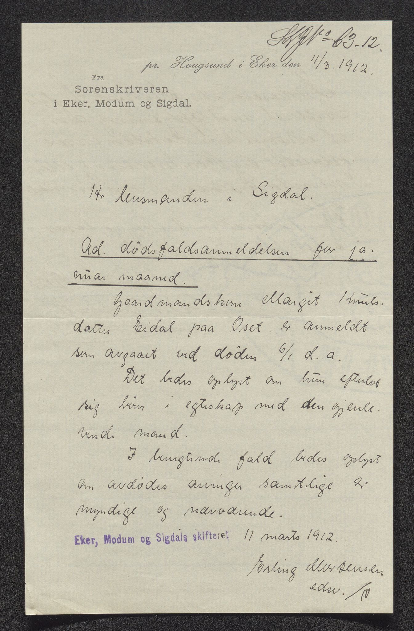 Eiker, Modum og Sigdal sorenskriveri, SAKO/A-123/H/Ha/Hab/L0035: Dødsfallsmeldinger, 1912, s. 355