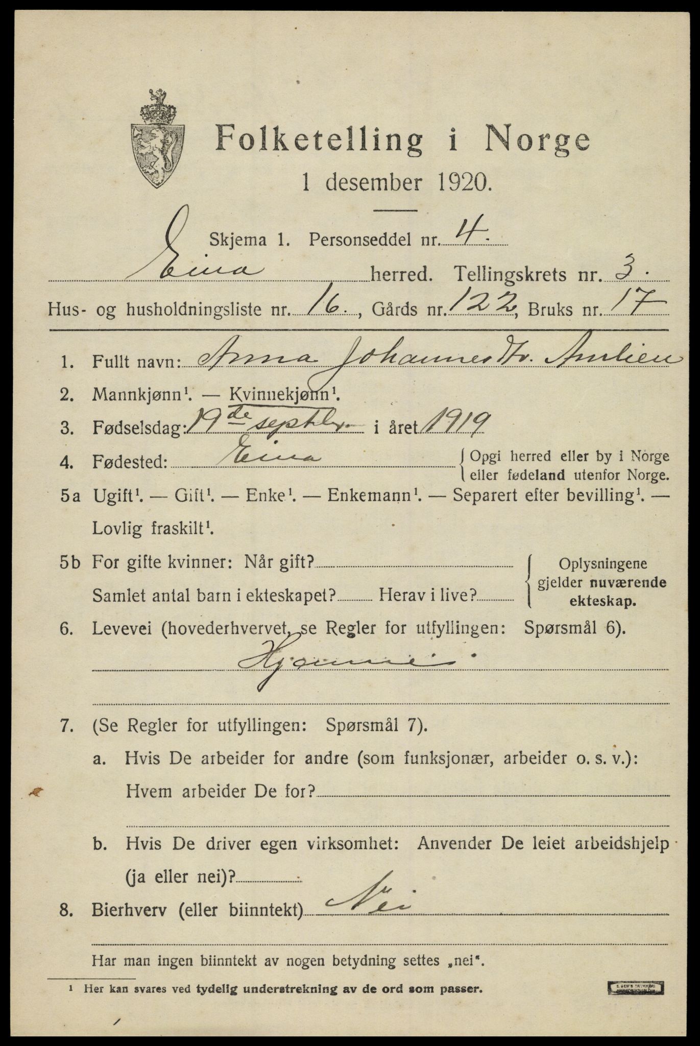 SAH, Folketelling 1920 for 0530 Eina herred, 1920, s. 2392