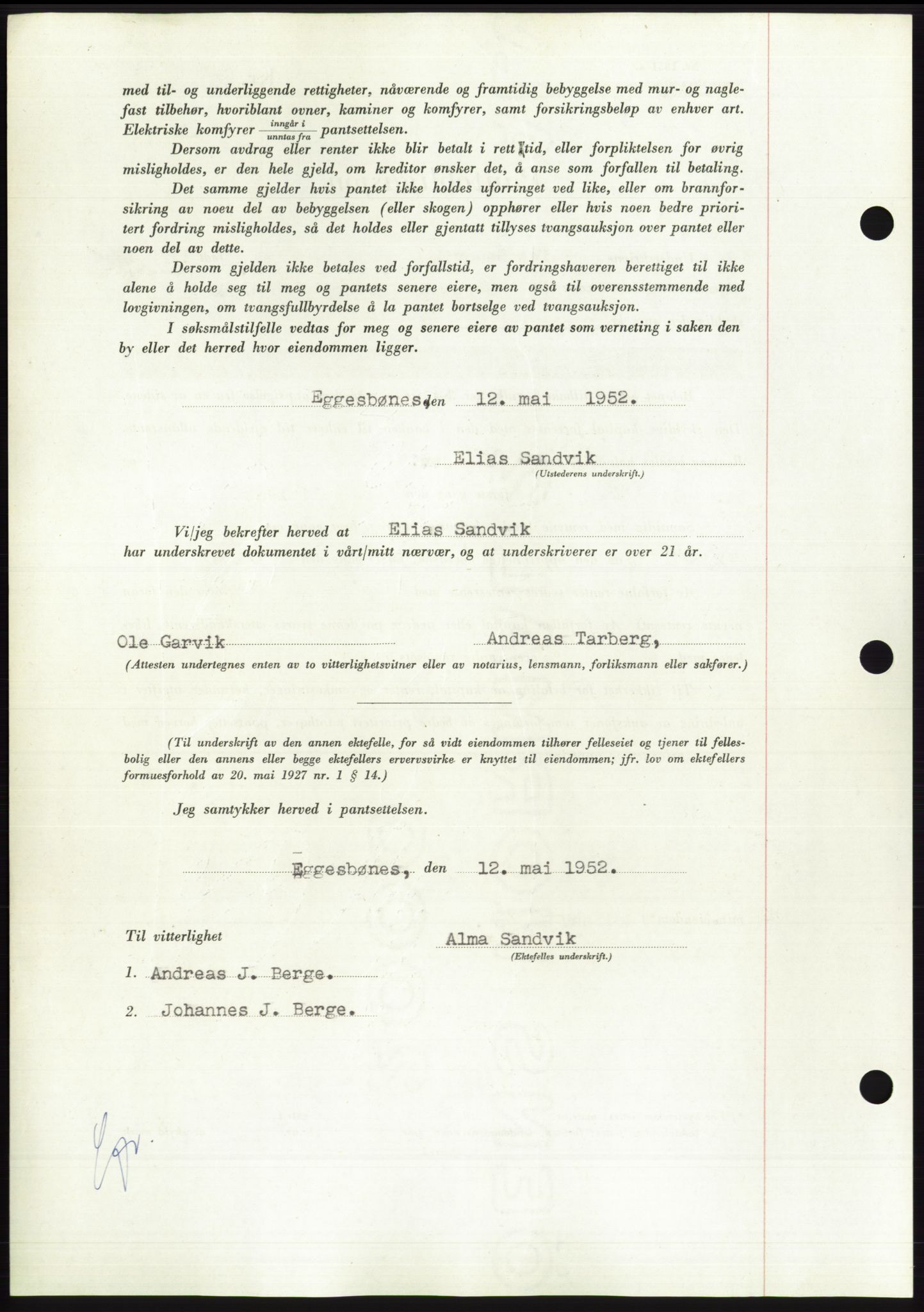Søre Sunnmøre sorenskriveri, AV/SAT-A-4122/1/2/2C/L0121: Pantebok nr. 9B, 1951-1952, Dagboknr: 1040/1952