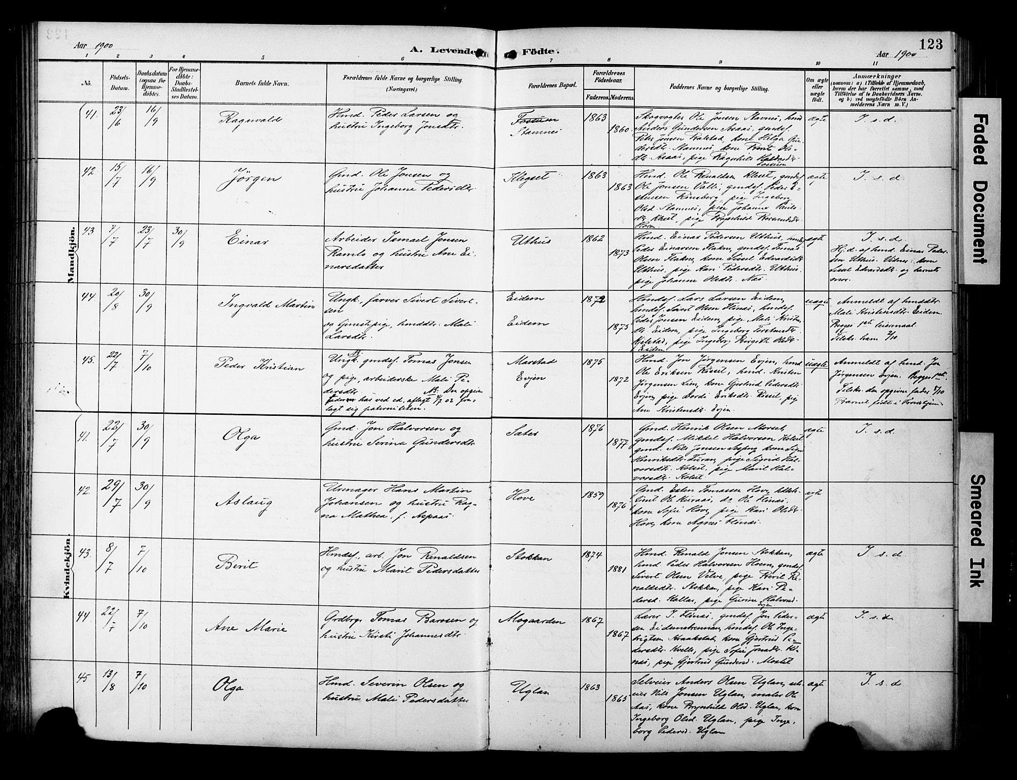 Ministerialprotokoller, klokkerbøker og fødselsregistre - Sør-Trøndelag, AV/SAT-A-1456/695/L1149: Ministerialbok nr. 695A09, 1891-1902, s. 123