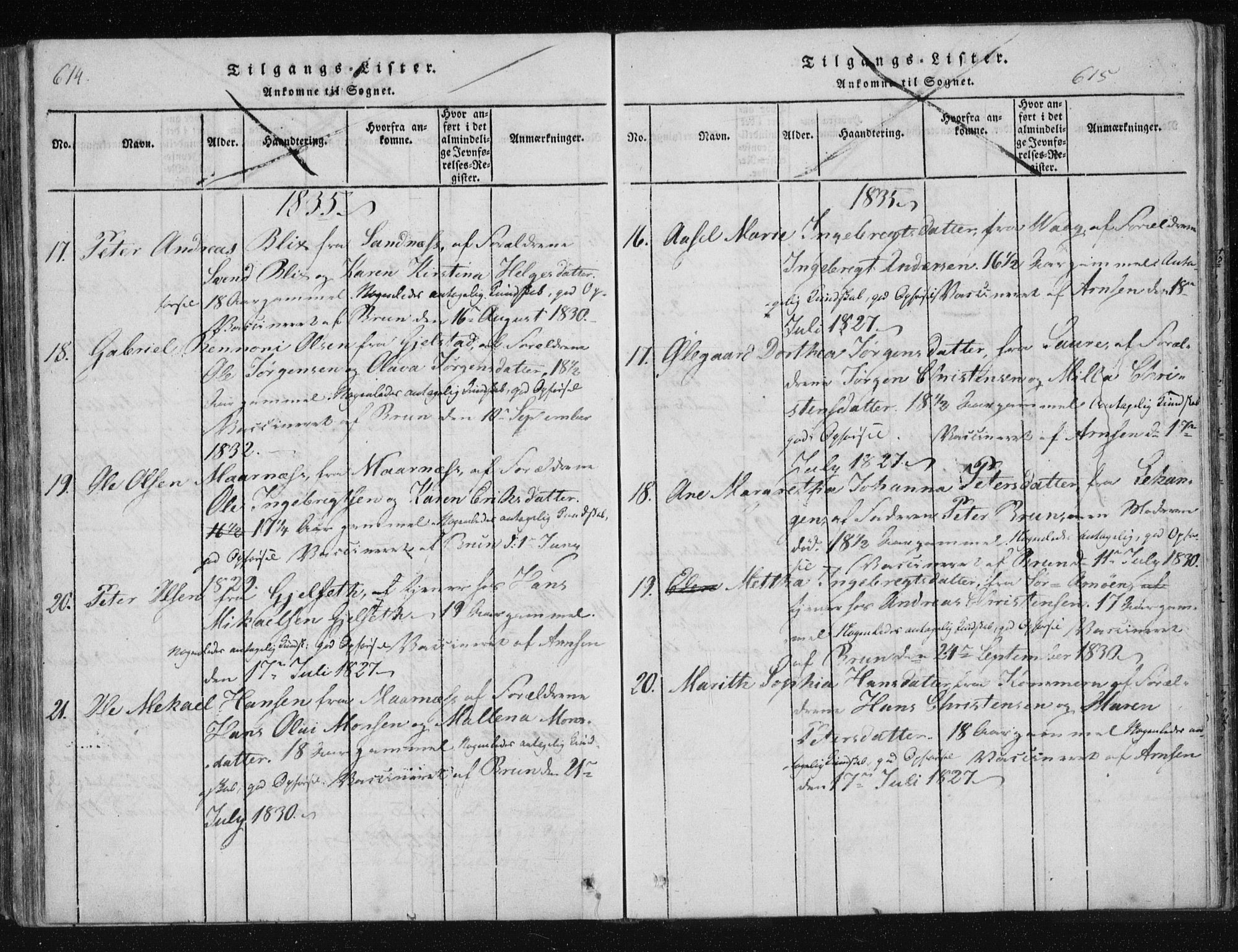 Ministerialprotokoller, klokkerbøker og fødselsregistre - Nordland, SAT/A-1459/805/L0096: Ministerialbok nr. 805A03, 1820-1837, s. 614-615