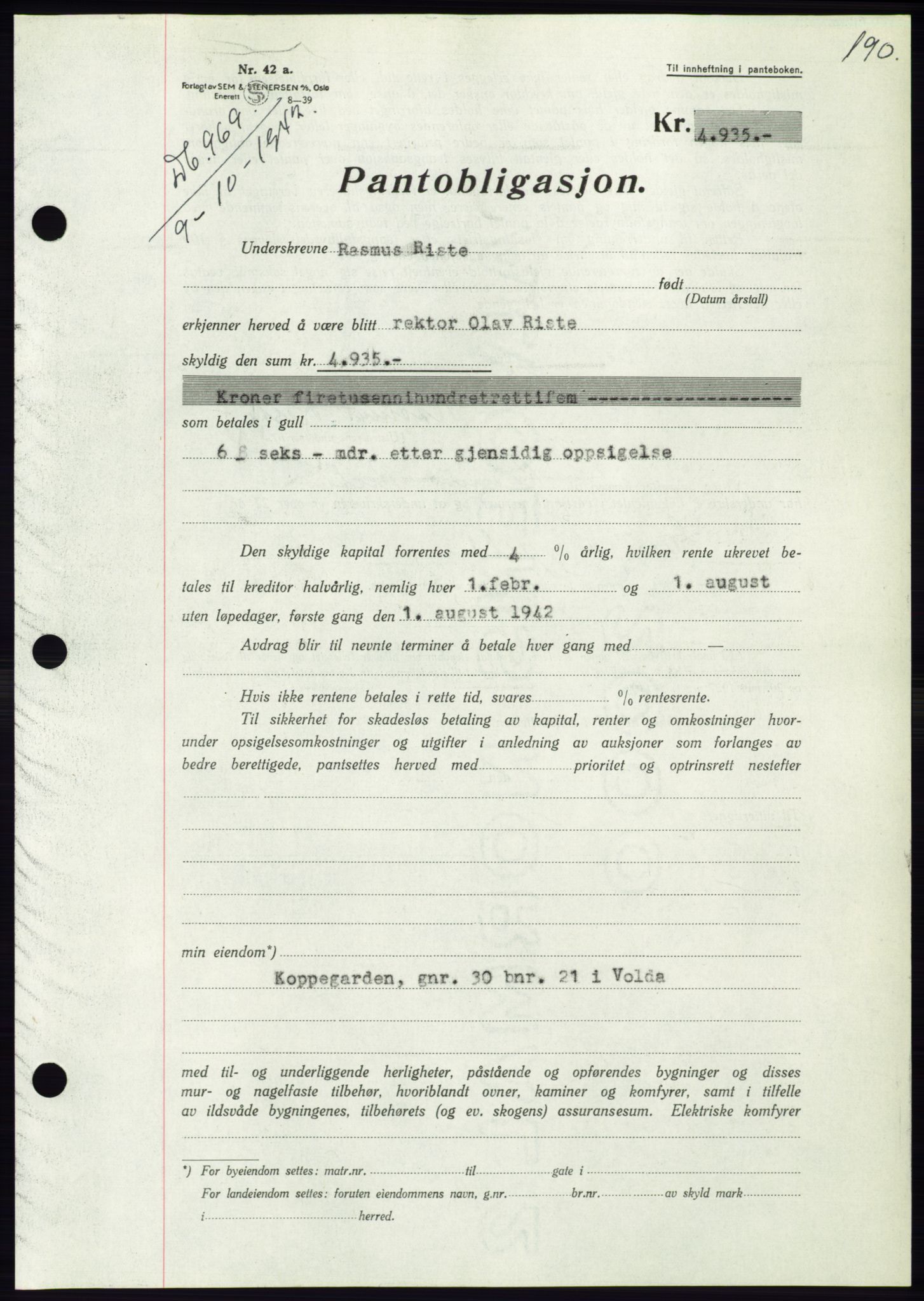 Søre Sunnmøre sorenskriveri, SAT/A-4122/1/2/2C/L0074: Pantebok nr. 68, 1942-1943, Dagboknr: 969/1942