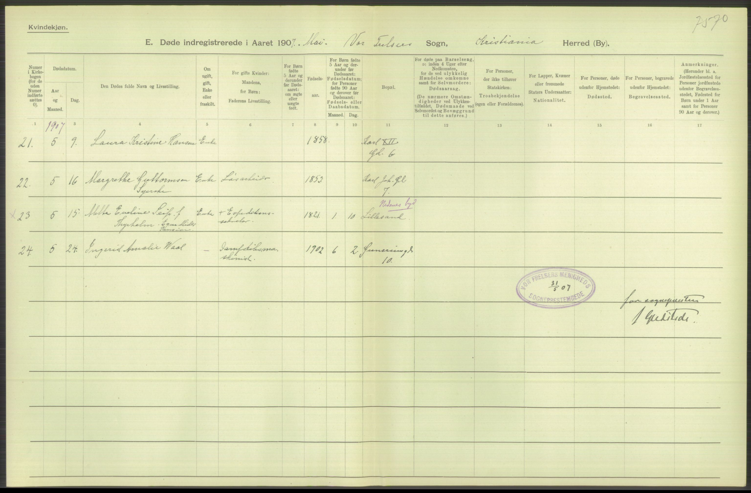 Statistisk sentralbyrå, Sosiodemografiske emner, Befolkning, AV/RA-S-2228/D/Df/Dfa/Dfae/L0009: Kristiania: Døde, 1907, s. 212