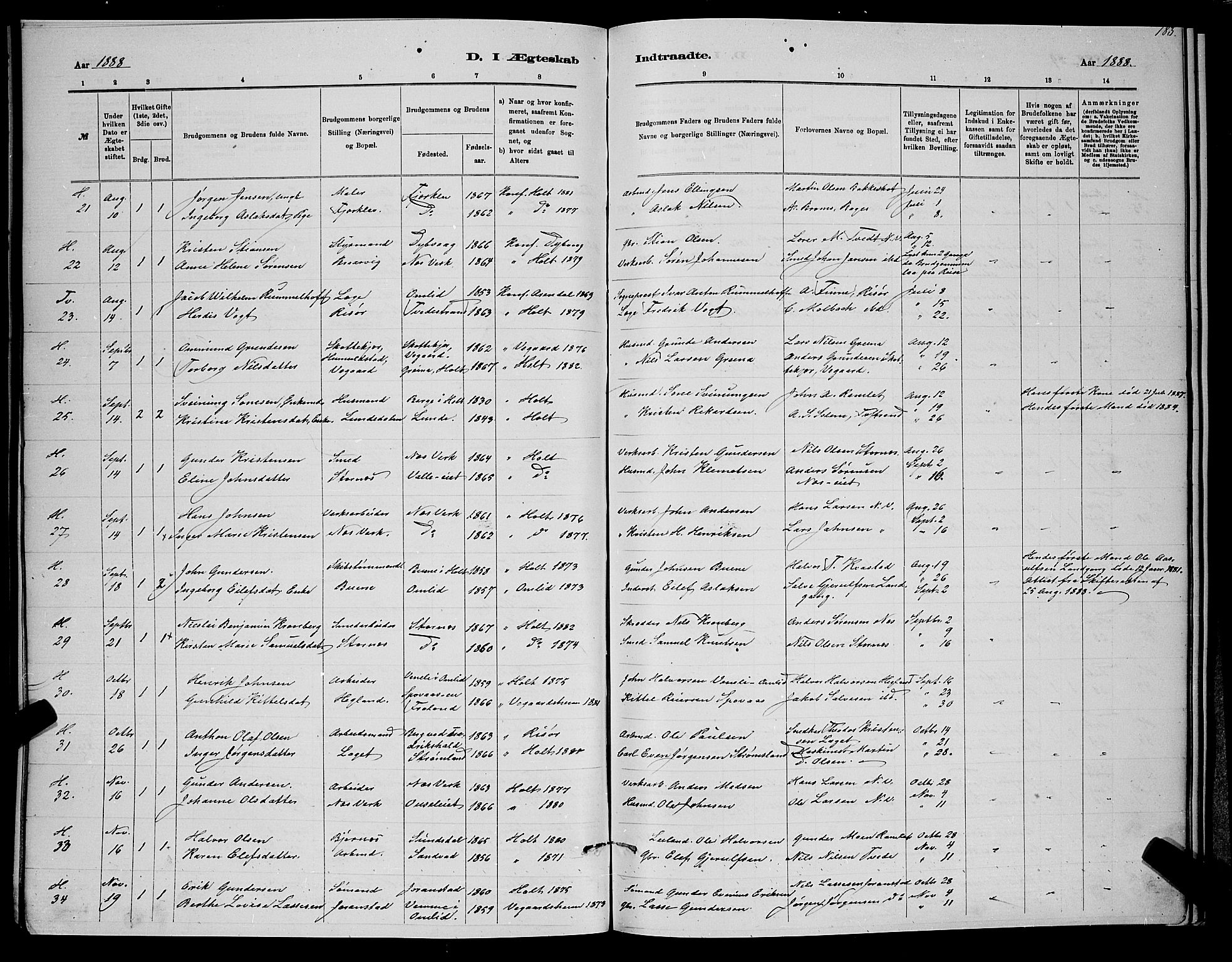 Holt sokneprestkontor, SAK/1111-0021/F/Fb/L0010: Klokkerbok nr. B 10, 1883-1896, s. 183