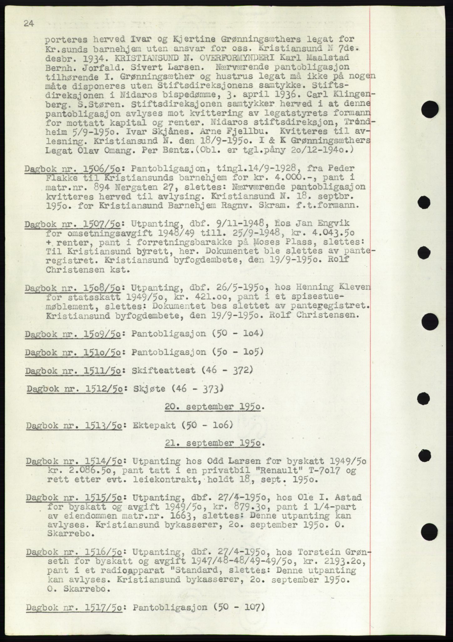 Kristiansund byfogd, AV/SAT-A-4587/A/27: Pantebok nr. 49, 1950-1950, Tingl.dato: 20.09.1950