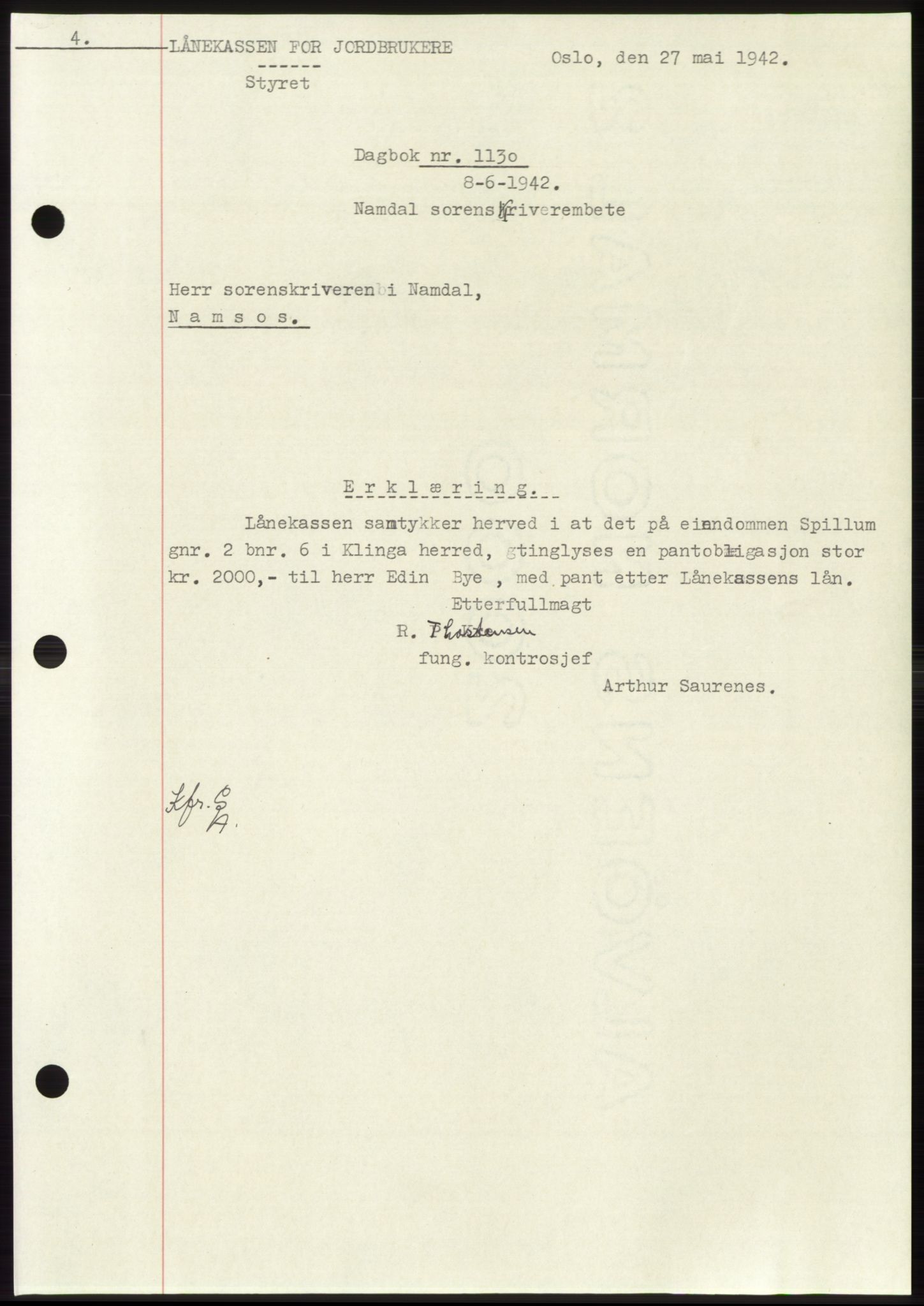 Namdal sorenskriveri, SAT/A-4133/1/2/2C: Pantebok nr. -, 1941-1942, Dagboknr: 1130/1942