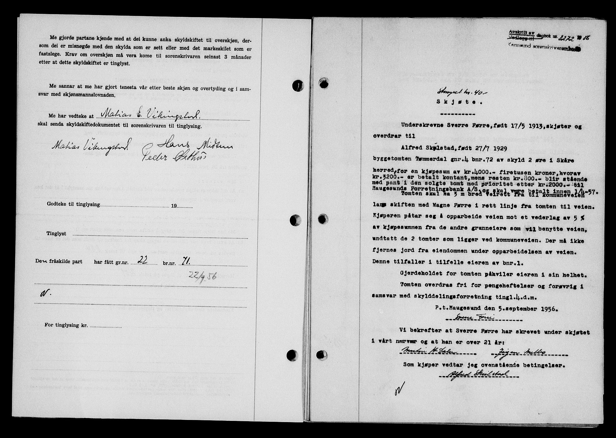 Karmsund sorenskriveri, SAST/A-100311/01/II/IIB/L0121: Pantebok nr. 101A, 1956-1956, Dagboknr: 3272/1956