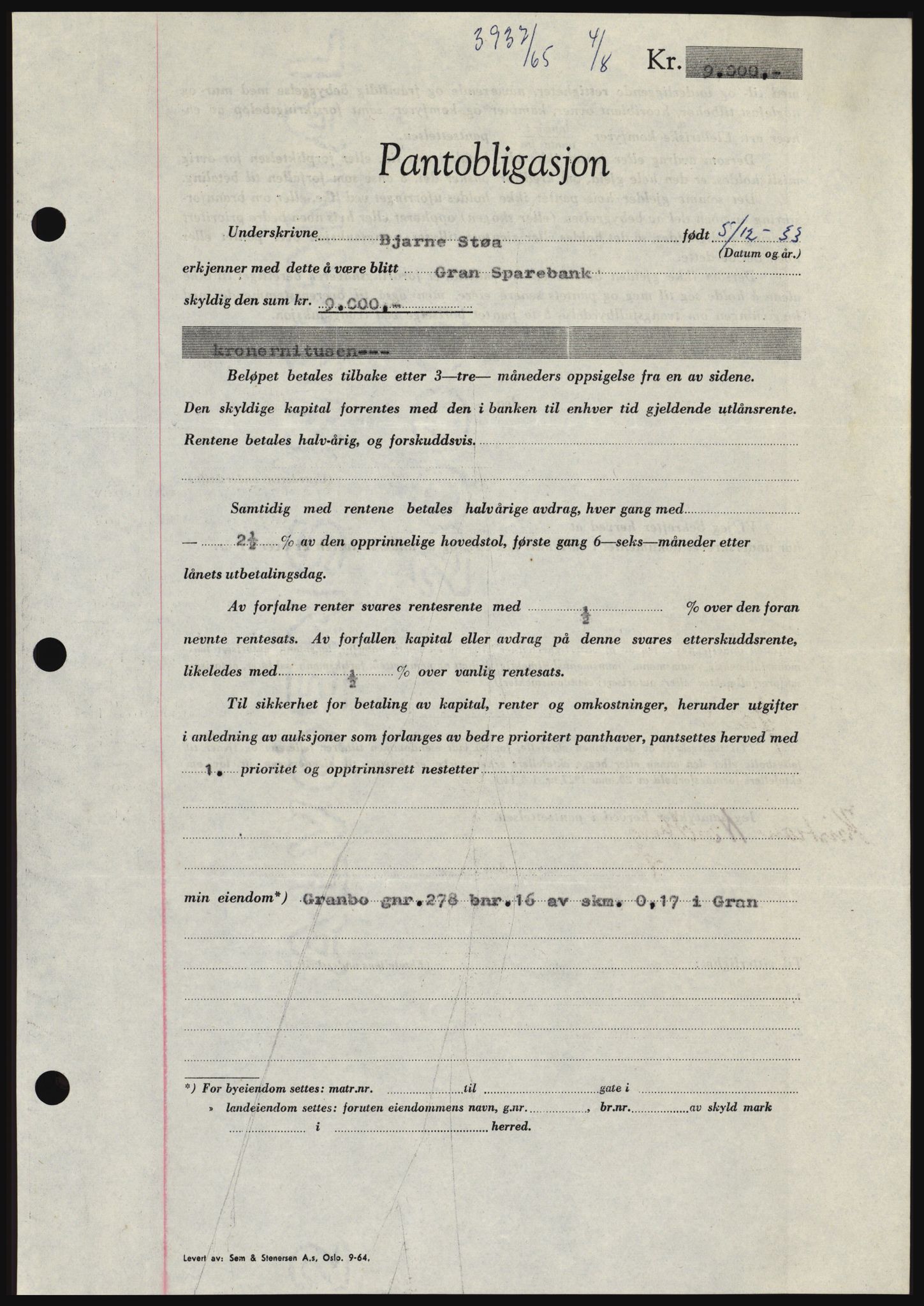 Hadeland og Land tingrett, SAH/TING-010/H/Hb/Hbc/L0059: Pantebok nr. B59, 1965-1965, Dagboknr: 3937/1965