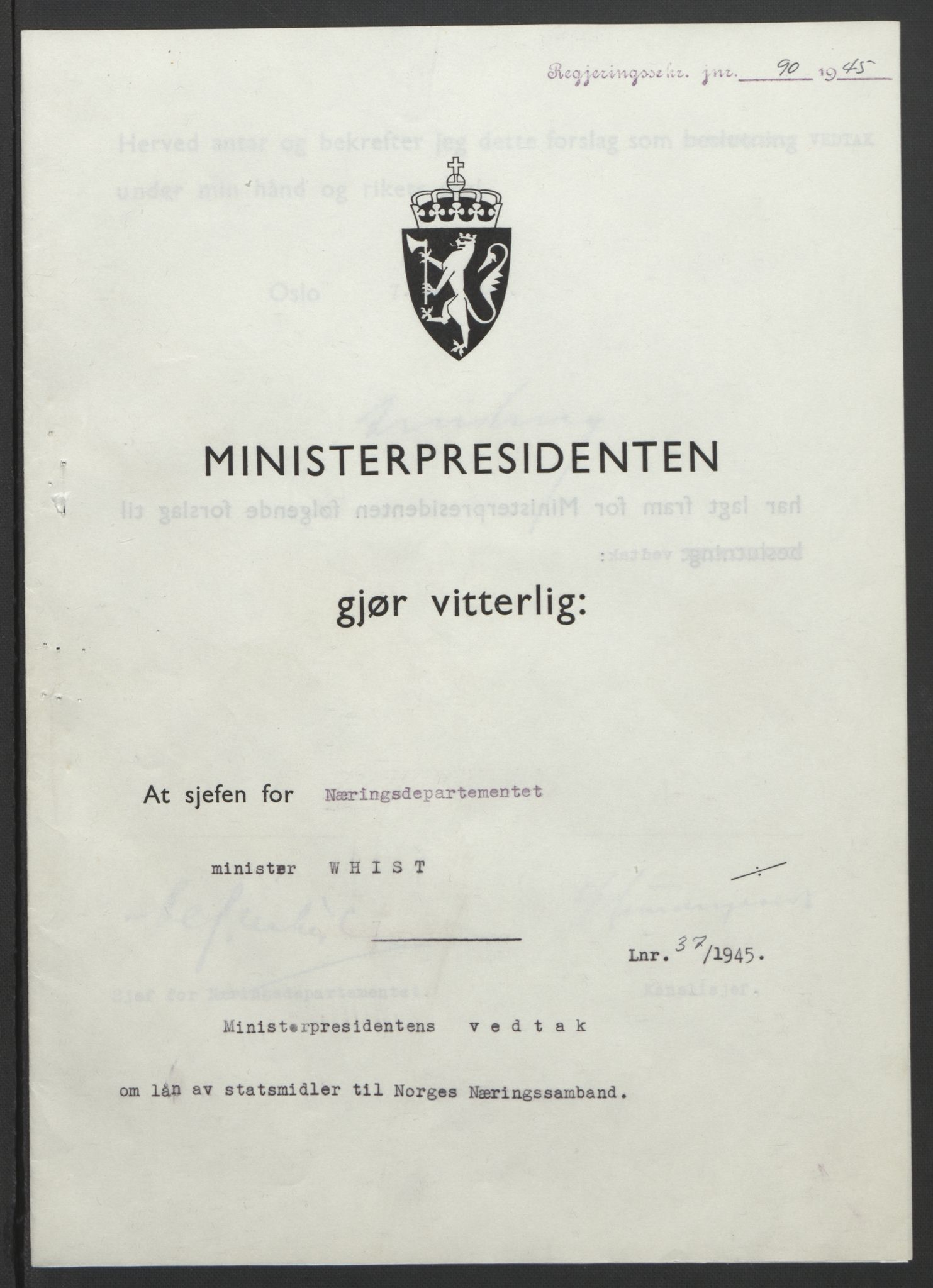 NS-administrasjonen 1940-1945 (Statsrådsekretariatet, de kommisariske statsråder mm), RA/S-4279/D/Db/L0101/0001: -- / Lover og vedtak, 1945, s. 261