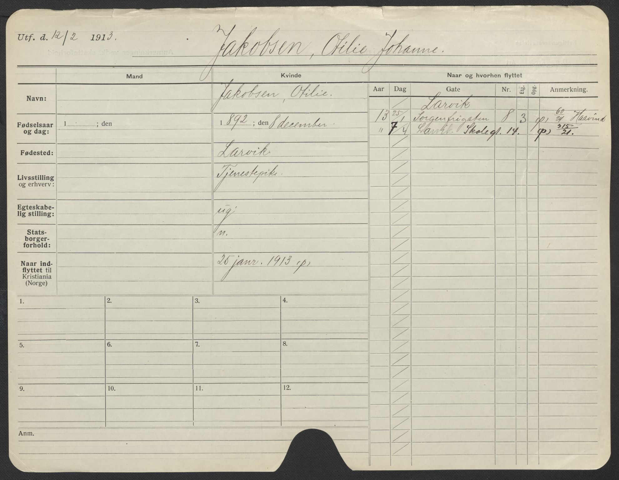 Oslo folkeregister, Registerkort, AV/SAO-A-11715/F/Fa/Fac/L0017: Kvinner, 1906-1914, s. 271a