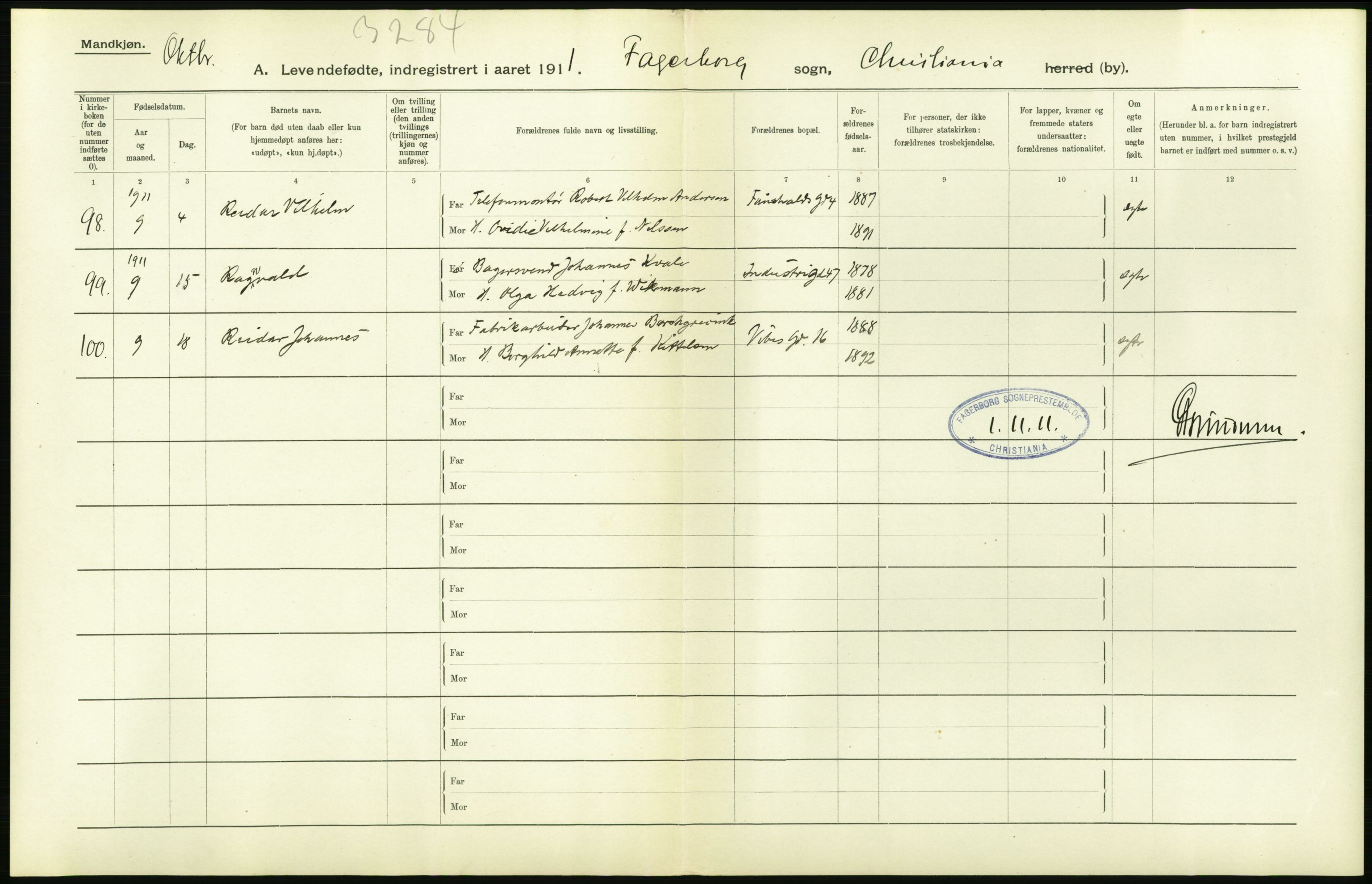 Statistisk sentralbyrå, Sosiodemografiske emner, Befolkning, AV/RA-S-2228/D/Df/Dfb/Dfba/L0006: Kristiania: Levendefødte menn., 1911, s. 108