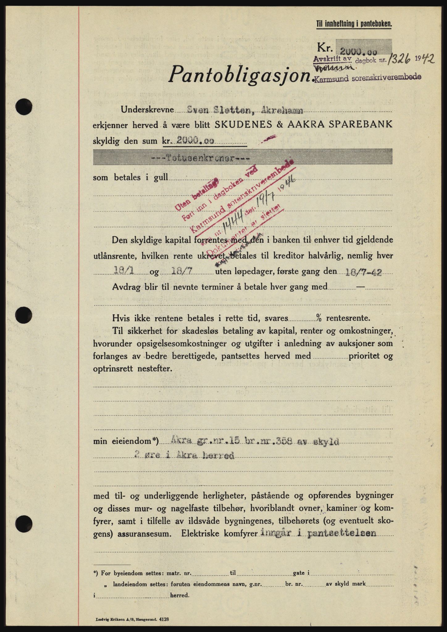 Karmsund sorenskriveri, SAST/A-100311/01/II/IIBBE/L0008: Pantebok nr. B 54, 1942-1943, Dagboknr: 1326/1942