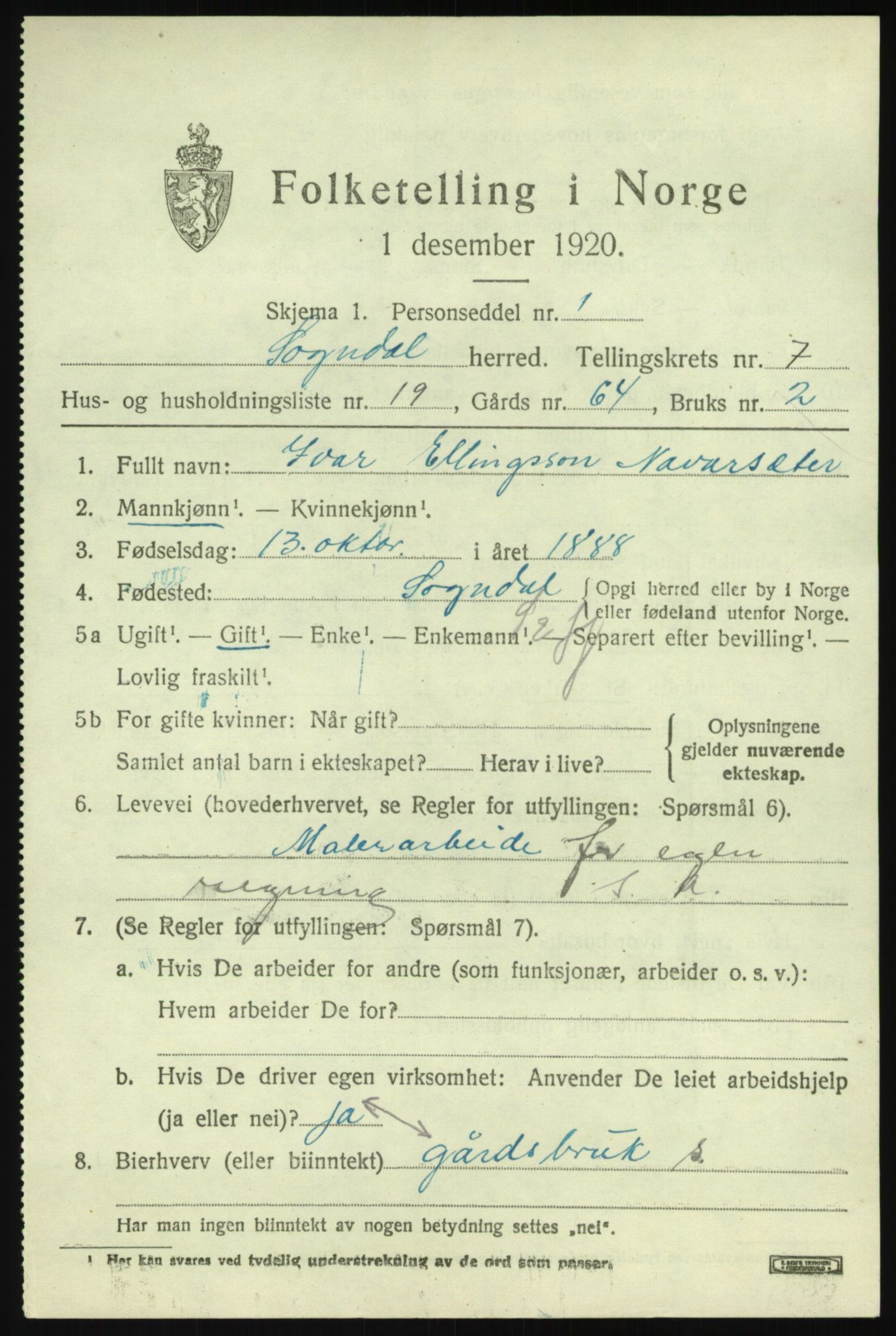 SAB, Folketelling 1920 for 1420 Sogndal herred, 1920, s. 3601