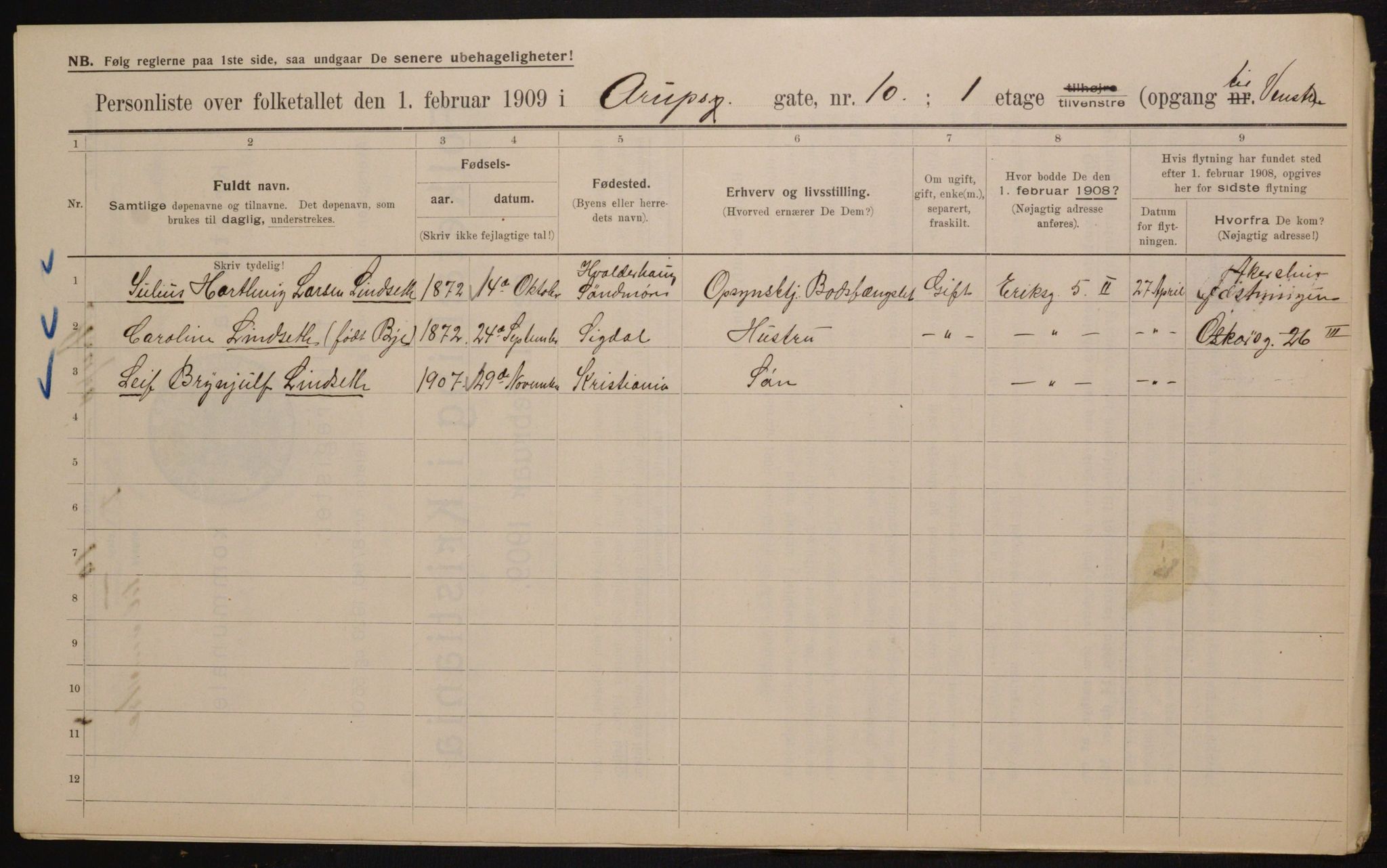 OBA, Kommunal folketelling 1.2.1909 for Kristiania kjøpstad, 1909, s. 2103